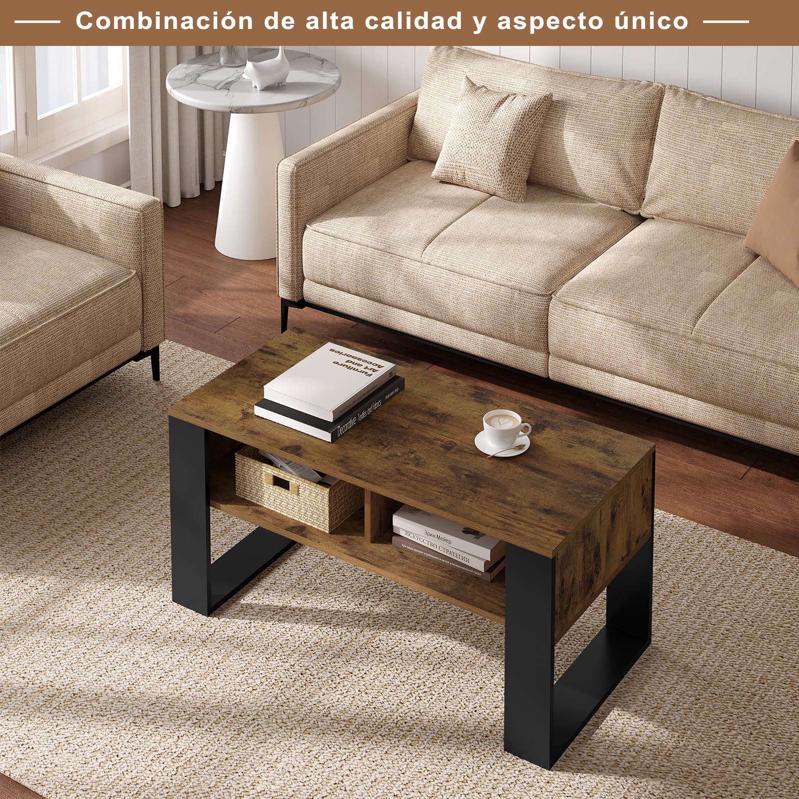 WOLTU Mesa de Centro, Mesita de Sofa con Comportamientos, Mesa Auxiliar con 2 Niveles, para Salon Balcon y Cafeteria, Marrón Rústico+Negro, 90x45x45cm, BTS16hov