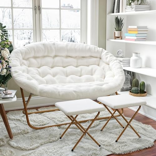 BizChair 56" Portable Folding Double Saucer Chair with 2 Folding Ottomans Ivory 