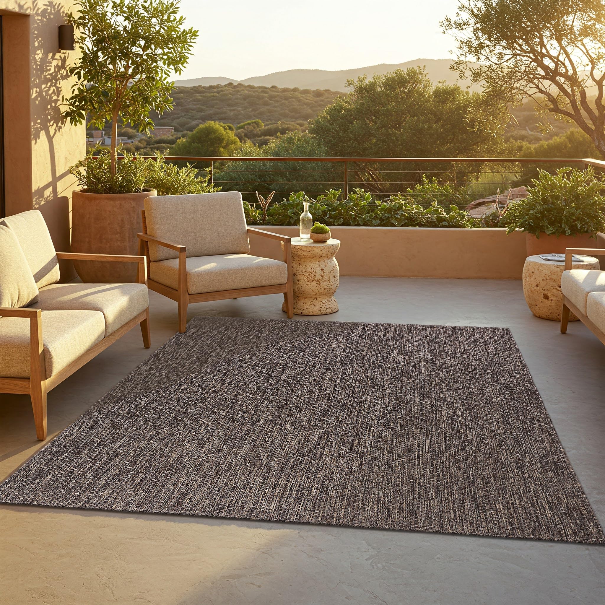 TAPISO Yucana Tappeto da Esterno a Tessitura Piatta Robusto Resistente ai Raggi UV Impermeabile Tappeto per Interni ed Esterni Balcone Terrazza Marrone Scuro Nero mélange 60 x 100 cm