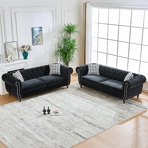 Miniatura 12 de Sofá biplaza moderno de terciopelo negro de mediados de siglo, sofá Chesterfield de 67 pulgadas con ribete de cabeza de clavos, brazo enrollado,