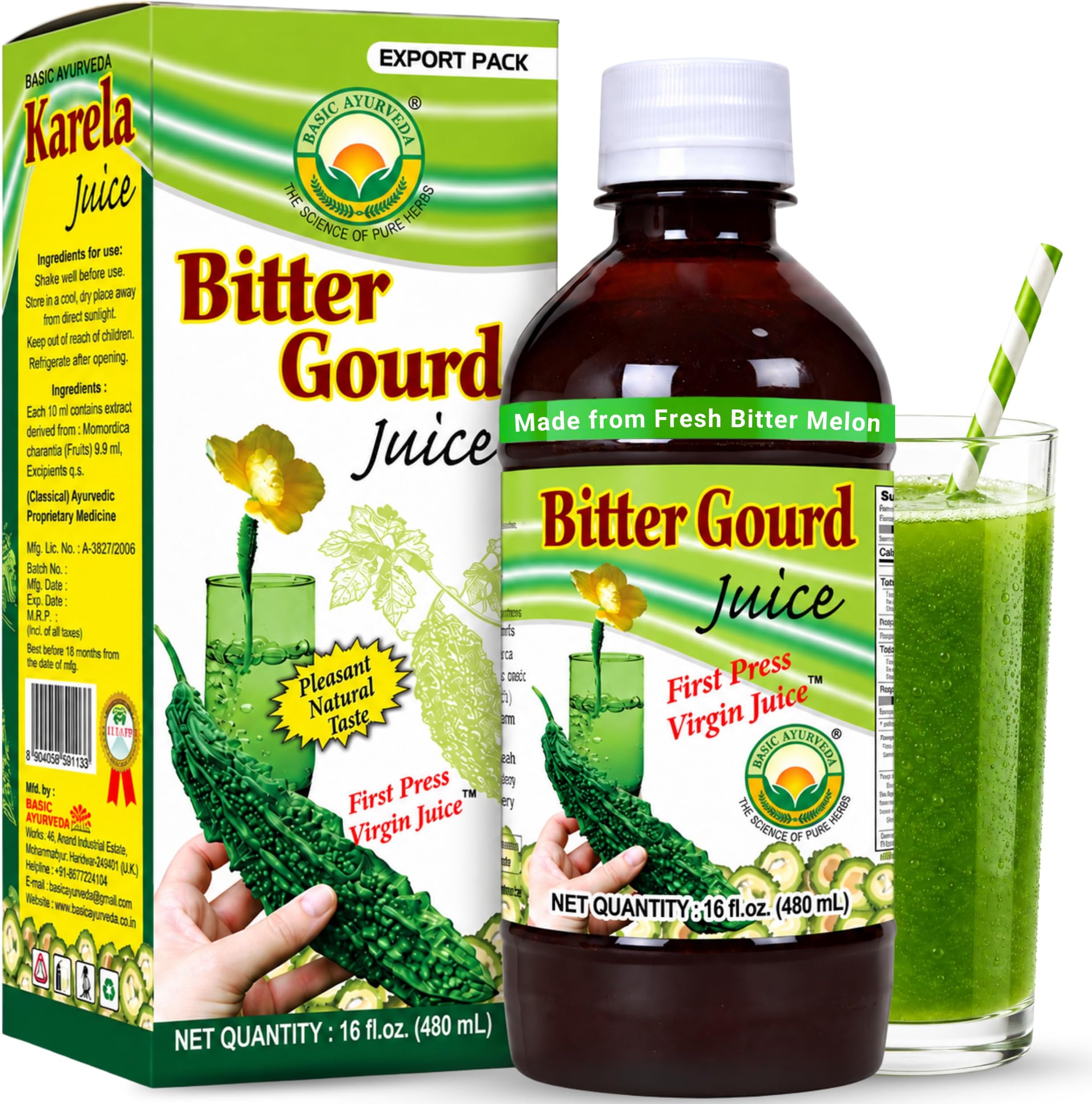 BASIC AYURVEDA Bitter Gourd (Karela) Juice | 16.23 Fl Oz (480ml) | Natural Bitter Melon Juice for Detox Support | Plant Based Ayurvedic Herbal Drink | for Liver Health, Digestion & Immunity