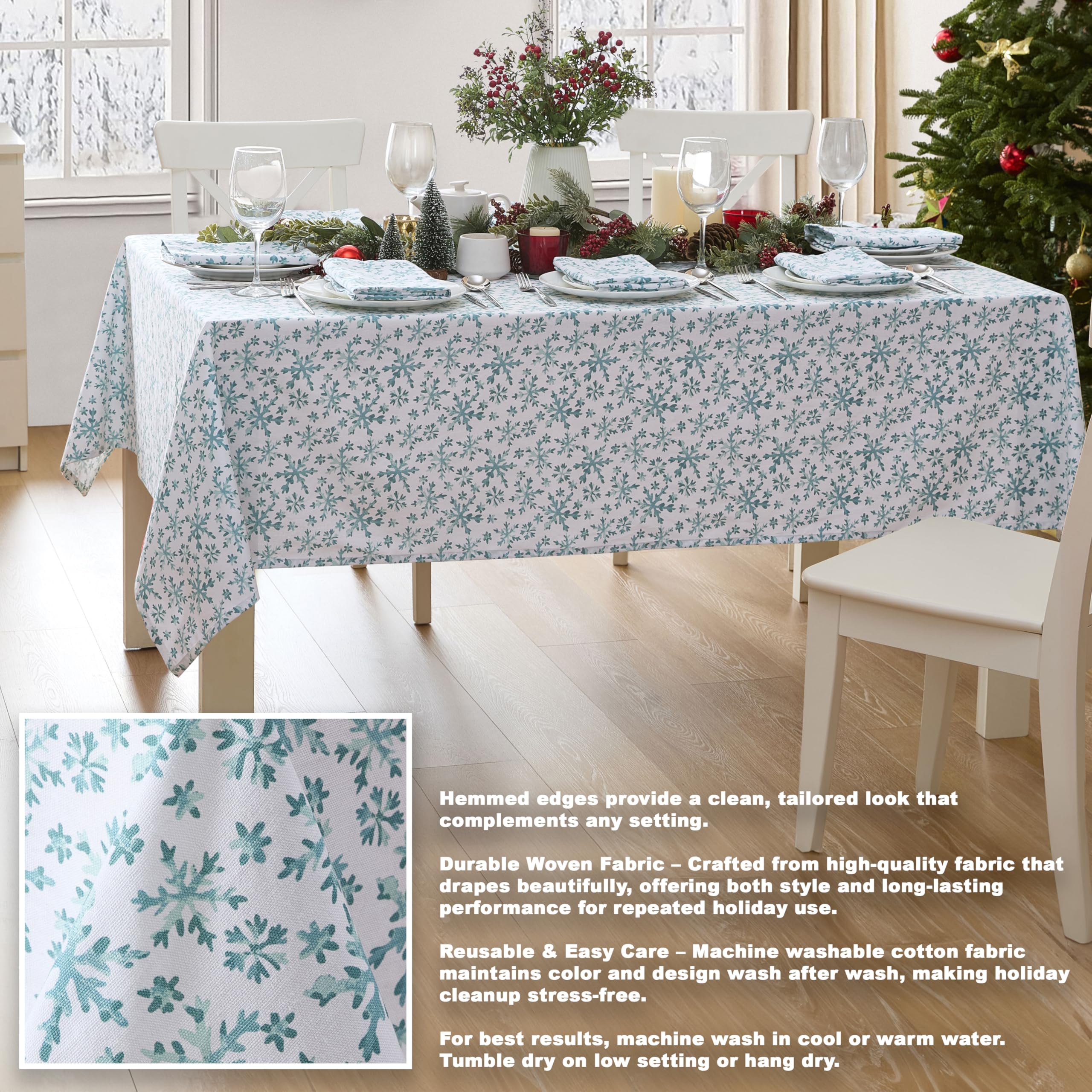 Lintex Mantel de tela de algodón con copos de nieve azul congelado, azul y blanco, mantel de algodón de fácil cuidado, 152 x 213 cm, oblongo/rectangular