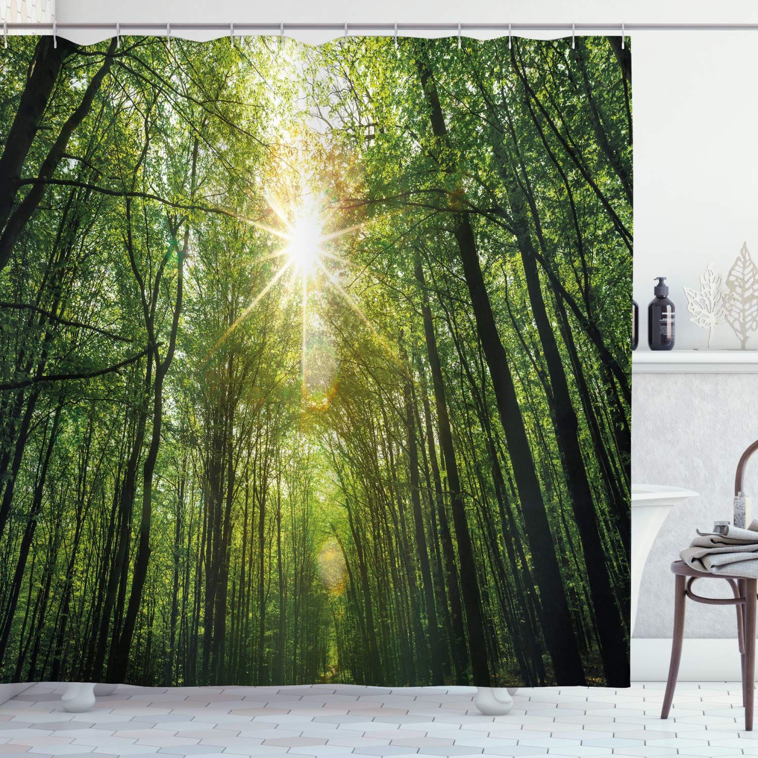 ABAKUHAUS Forest Shower Curtain, Summer Trees Upward View with Sunrays Leaking from Branches Nature Image, Cloth Fabric Bathroom Decor Set with Hooks, 70 Inches, Fern Green Yellow โ image 1