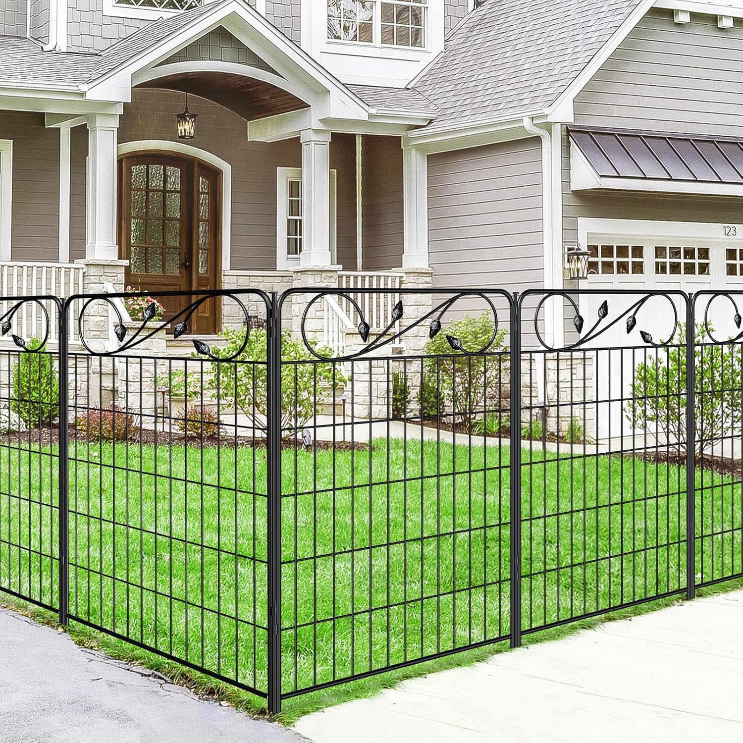 Decorative Outdoor Garden Fence 30in(H) X12ft(L) 6 Panels+7 Stakes Leaf Black Metal Garden Fencing for Landscape Lawn Patio, Temporary Animal Barrier Fences for Dogs