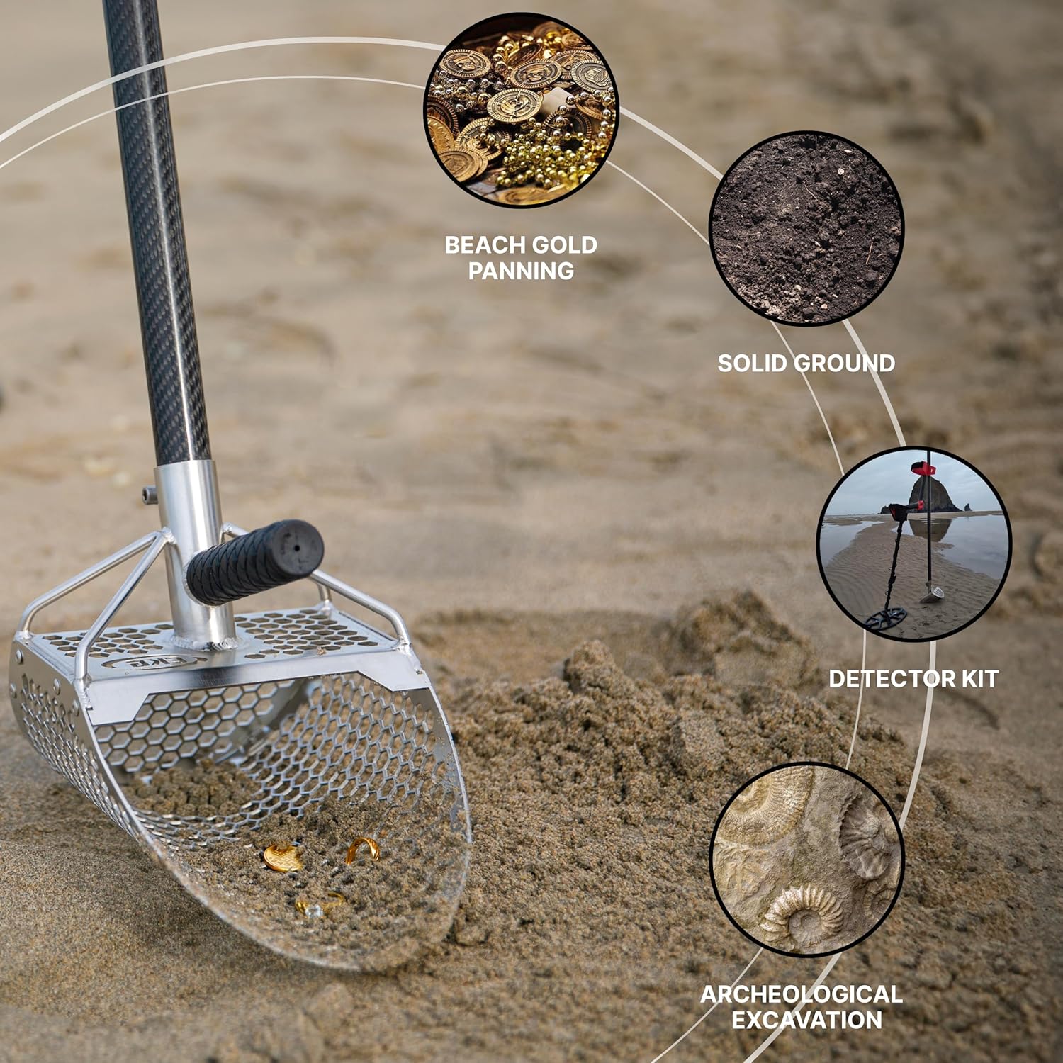 CKG Sand Scoops for Beach Metal Detecting Stainless Steel Beach Metal Detecting Shovel Underwater Treasure Hunting, Metal Detector Accessories(Bag + Scoop + Carbon Fiber Handle), (11x7 + Handle)