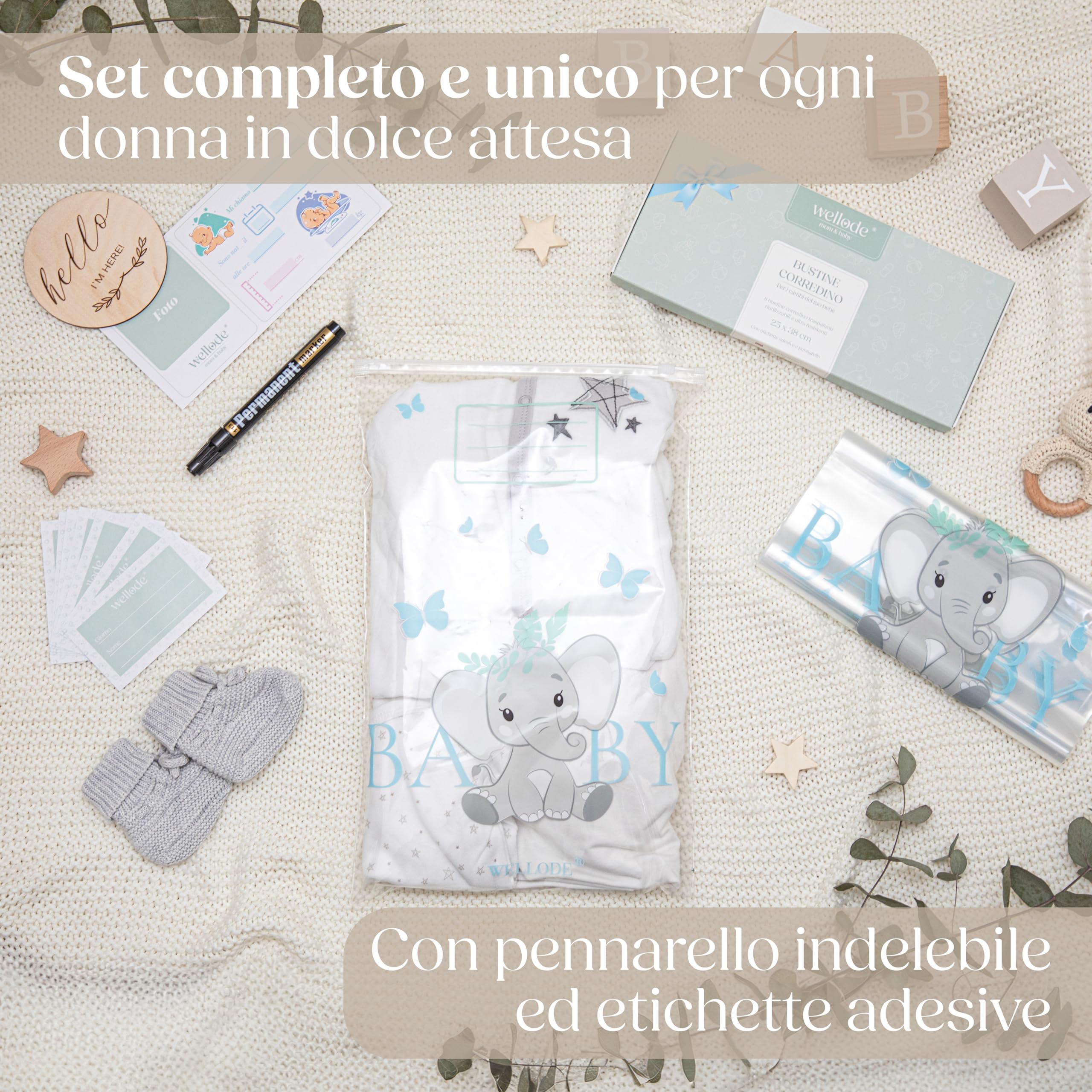 Wellode Bustine Corredino Neonato Ospedale con Pennarello - Sacchetti Cambio Neonato Riutilizzabili per Asilo e Viaggi