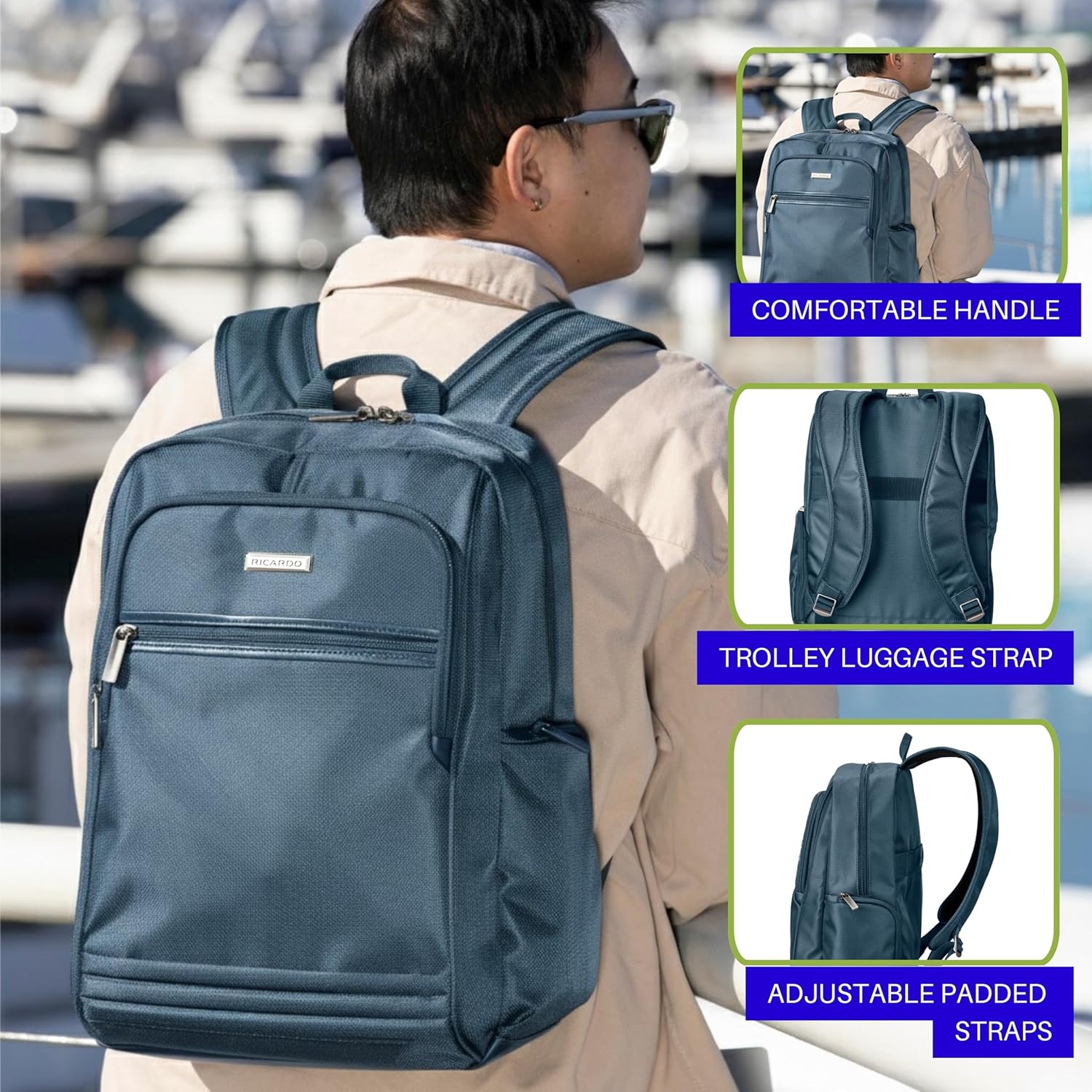 Ricardo Beverly Hills Avalon Travel Laptop Backpack – Carry-On Luggage, Multipurpose Travel Bag for Business & School, 23L (Storm Blue)