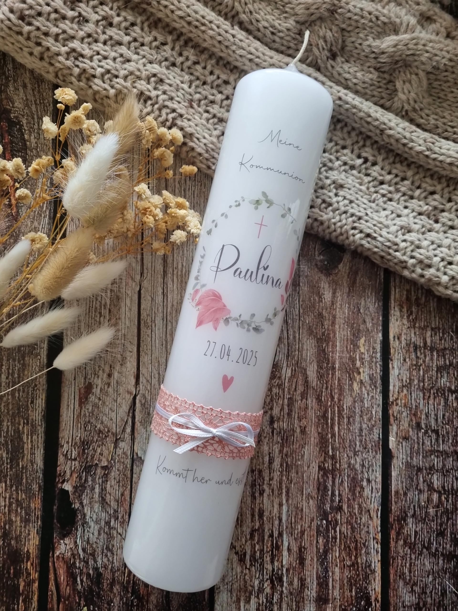 Candela per comunione personalizzata con nome e data, design eucalipto, moderna candela per battesimo per ragazzi | regalo per la prima comunione