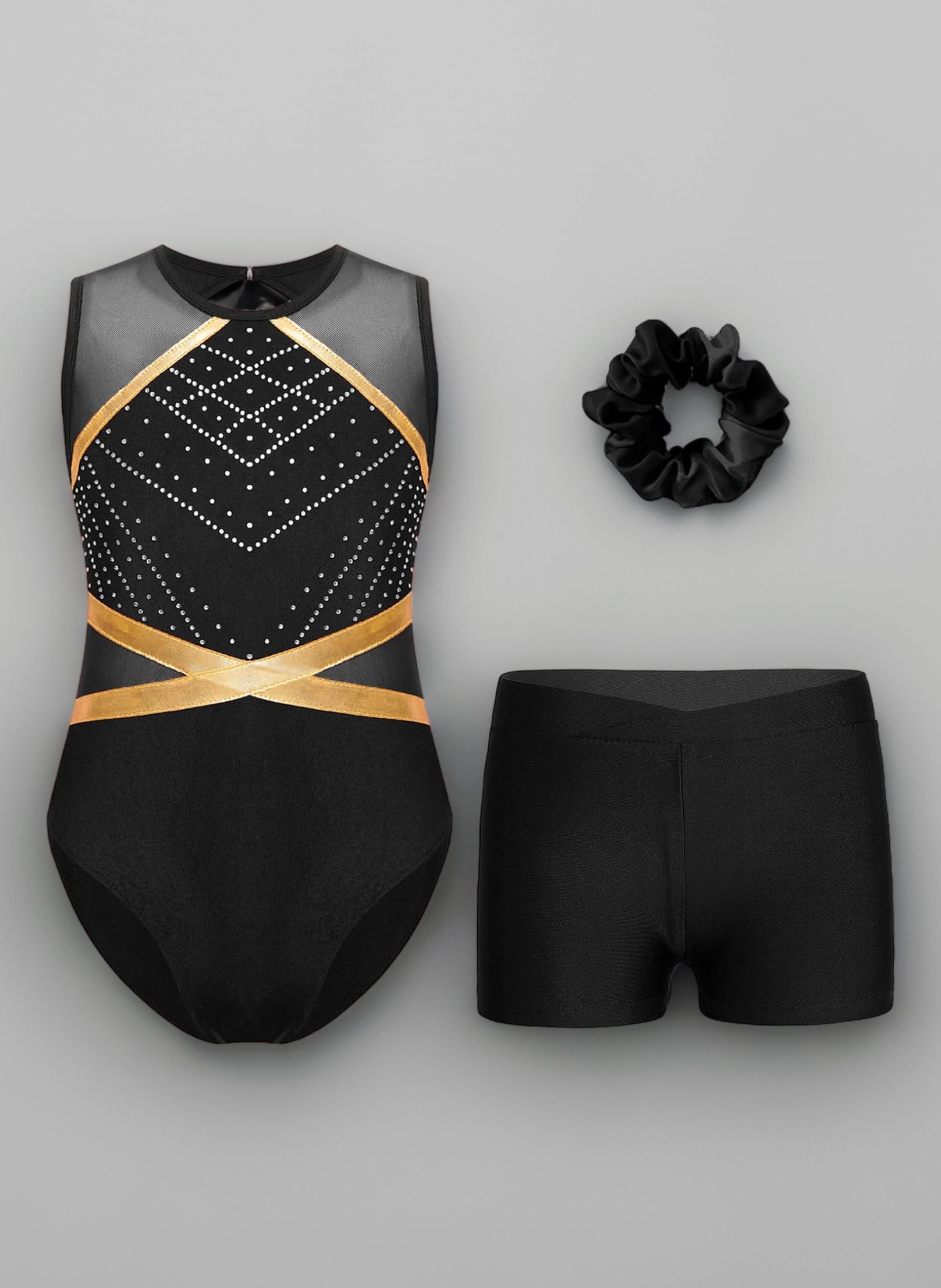 Freebily Girls Dance Gymnastics Leotard Set Sheer Mesh Sleeveless Rhinestones Bodysuit with Shorts Hair Tie Performance Wear