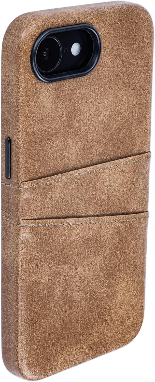 Dockem Card Case for iPhone 17e, iPhone 16e with Built-in Metal Plate for Magnetic Mounting & Wallet with 2 Holder Slots: M2 Exec Premium Synthetic Leather (Light Brown)