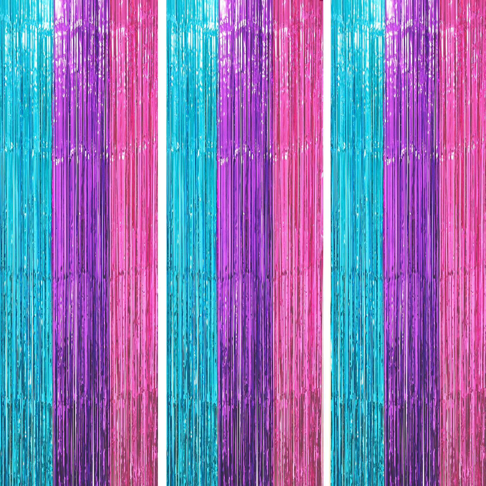 Voircoloria 3 Pack 3.3 x 8.2 ft Blue Purple Pink Foil Fringe Backdrop Curtains, Tinsel Streamers Party Decorations, Fringe Backdrop, Door Shimmer for Mermaid or Birthday Party โ image 1