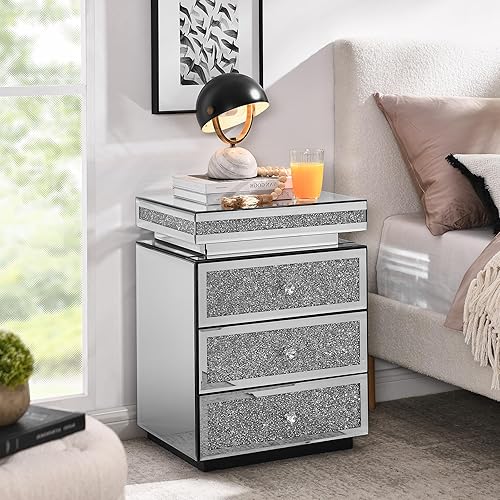 Miniatura 47 de SSLine Mesa auxiliar cuadrada con espejo con luces LED, mesita de noche con espejo, mesa auxiliar de espejo con acabado plateado para dormitorio,