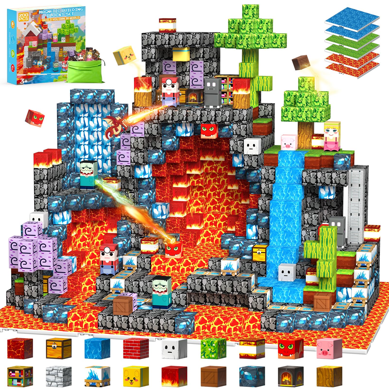 iKidiki 200 Stück Magnetische Bausteine, Spielzeug ab 3 4 5 6 Jahre Jungen Mädchen Magnetic Building Blocks Geschenk Junge 3-6 Jahre Kreatives STEM Magnetspiel Ostergeschenke für Kinder