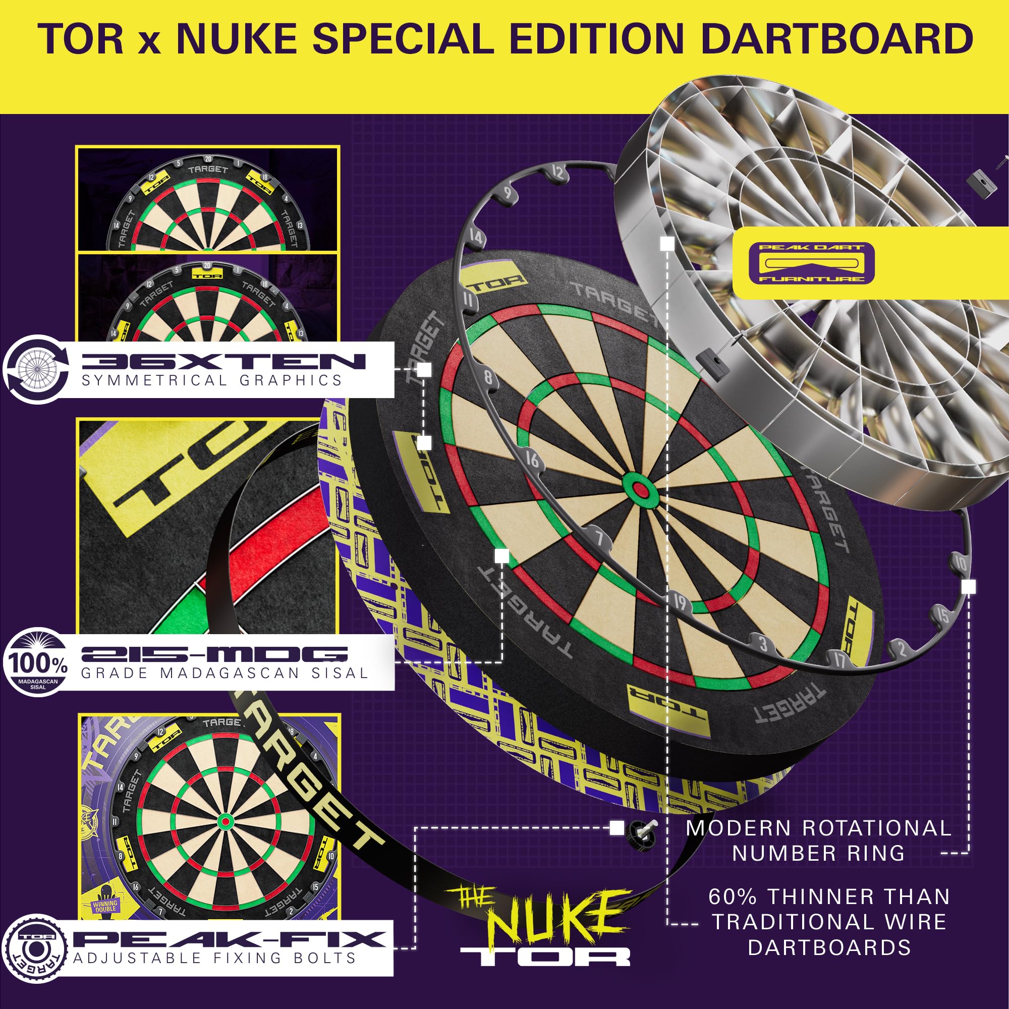 Target Darts Luke Littler World Champion TOR Dartbord & Dartbord Omring Bundel | Wedstrijd Standaard Stalen Tip Dartborden met Bevestigingsset, Special Edition Nuke Omring, Muurbeschermingsring