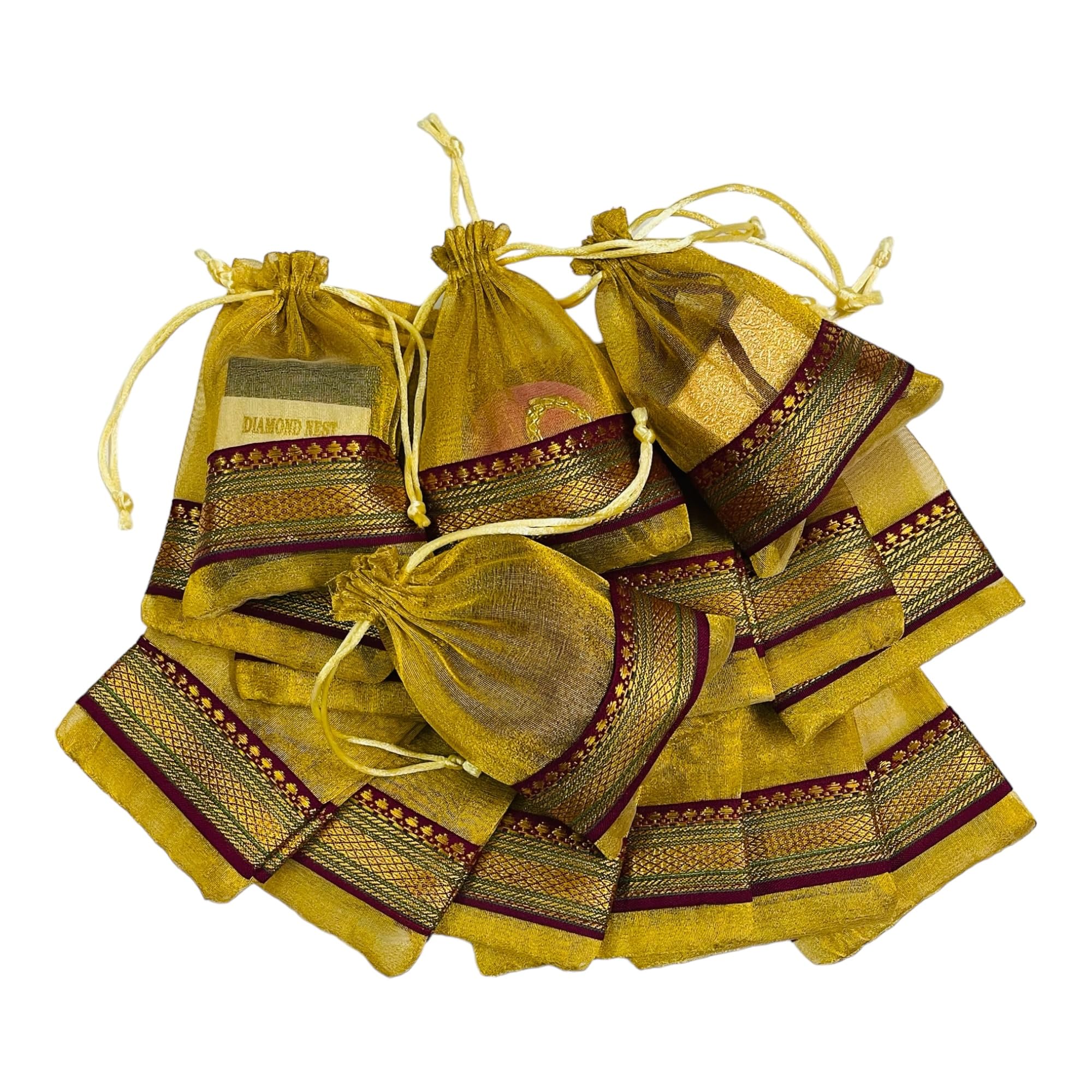 KRIWIN Pack of Thirty Small Size Silk Organza Potli Gift Bags Coin Bags(15 X 10 cm) Drawstring Closure (Gold)-image-39