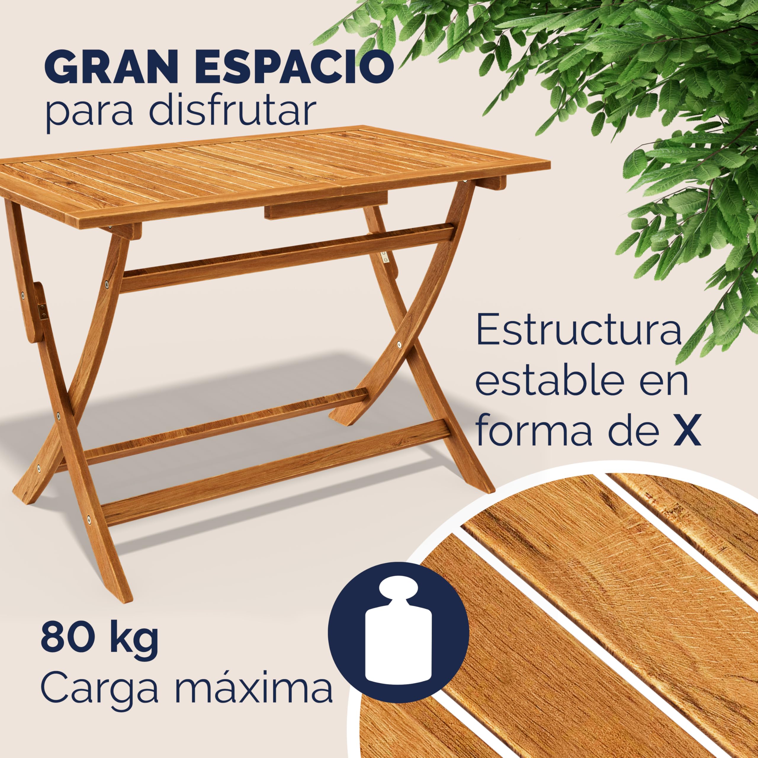 CASARIA® Conjunto Jardín Exterior Mesa 4 Sillas Madera Acacia FSC® Juego Comedor Patio Terraza Balcón Set 5 Piezas Tablero Asientos Plegables Reposabrazos Resistente Intemperie Robusto 120x70cm