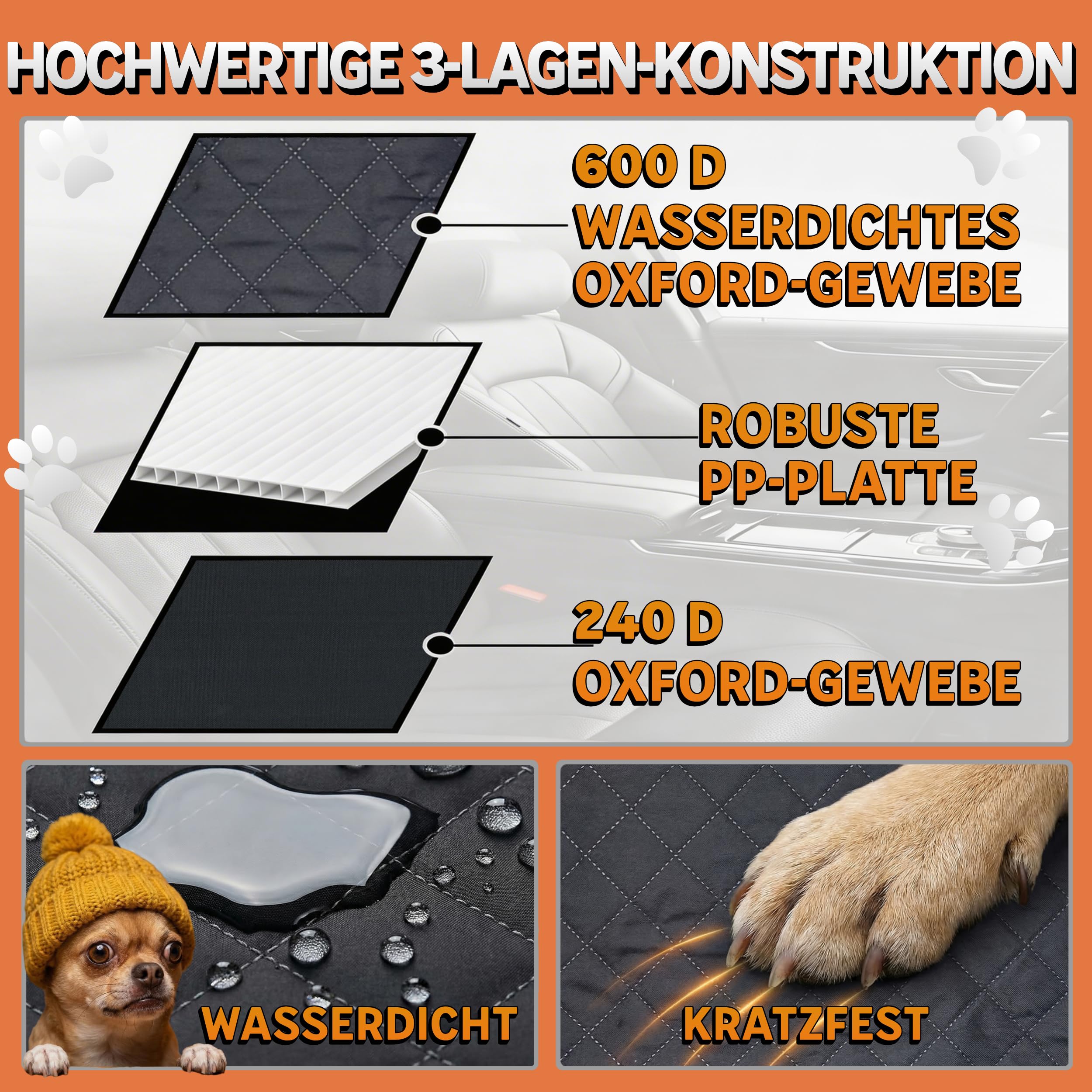 Rücksitzverbreiterung Hund mit Stauraum – Dog Car Seat Extender Hundeautositz Hartschale für Vorder- und Rücksitz, wasserdicht 600D Oxford, PKW SUV Kombi [137×50cm]