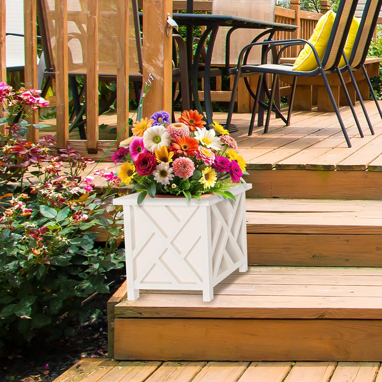 Outdoor Lattice Planter Box - 15.5 Inch Decorative Plant Pot for Patio, White - Snap Assembly Garden Container for Flowers, Herbs or Potted Plants for Front Porch, Deck or Balcony