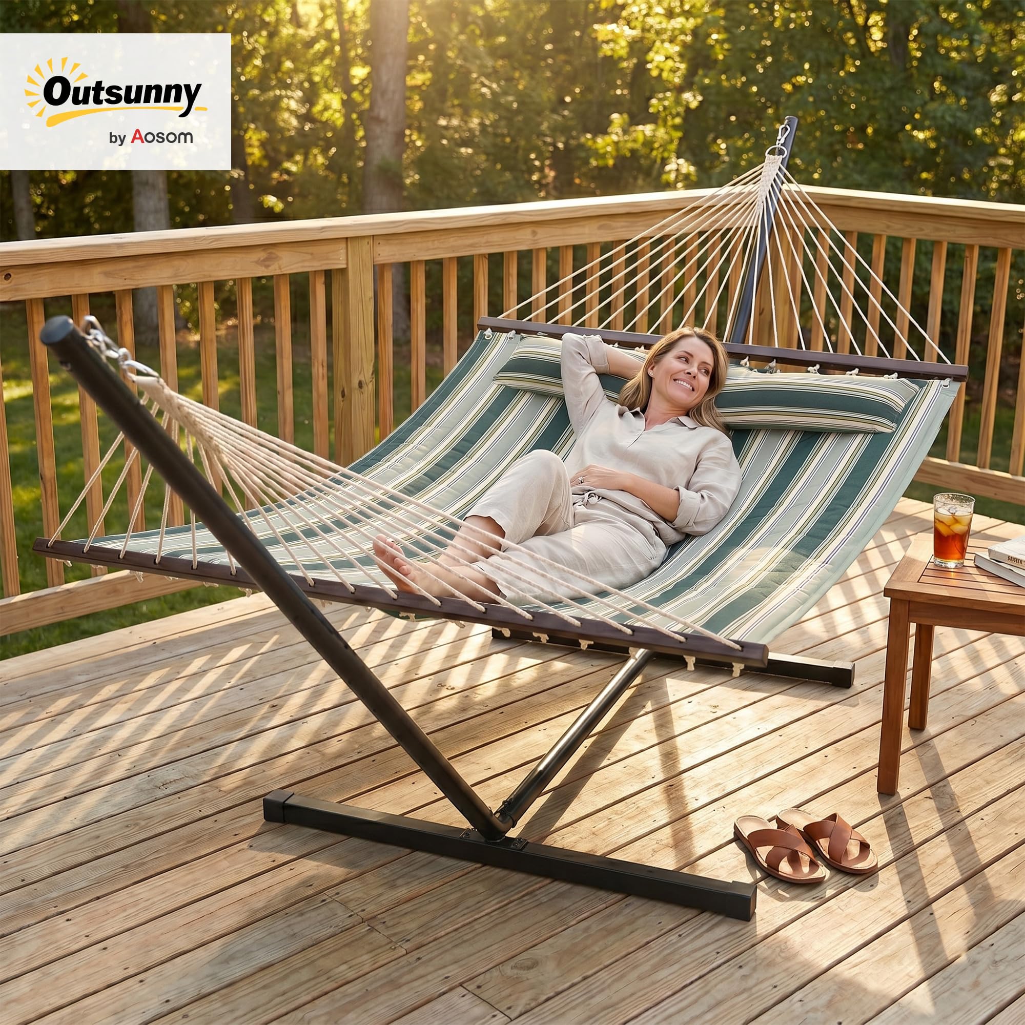 Outsunny Hamac sur Pied 353 cm, hamac avec Support Acier avec Coussin Amovible et Barres d'écartement, pour intérieur et extérieur, lit de Sieste rayé, Vert