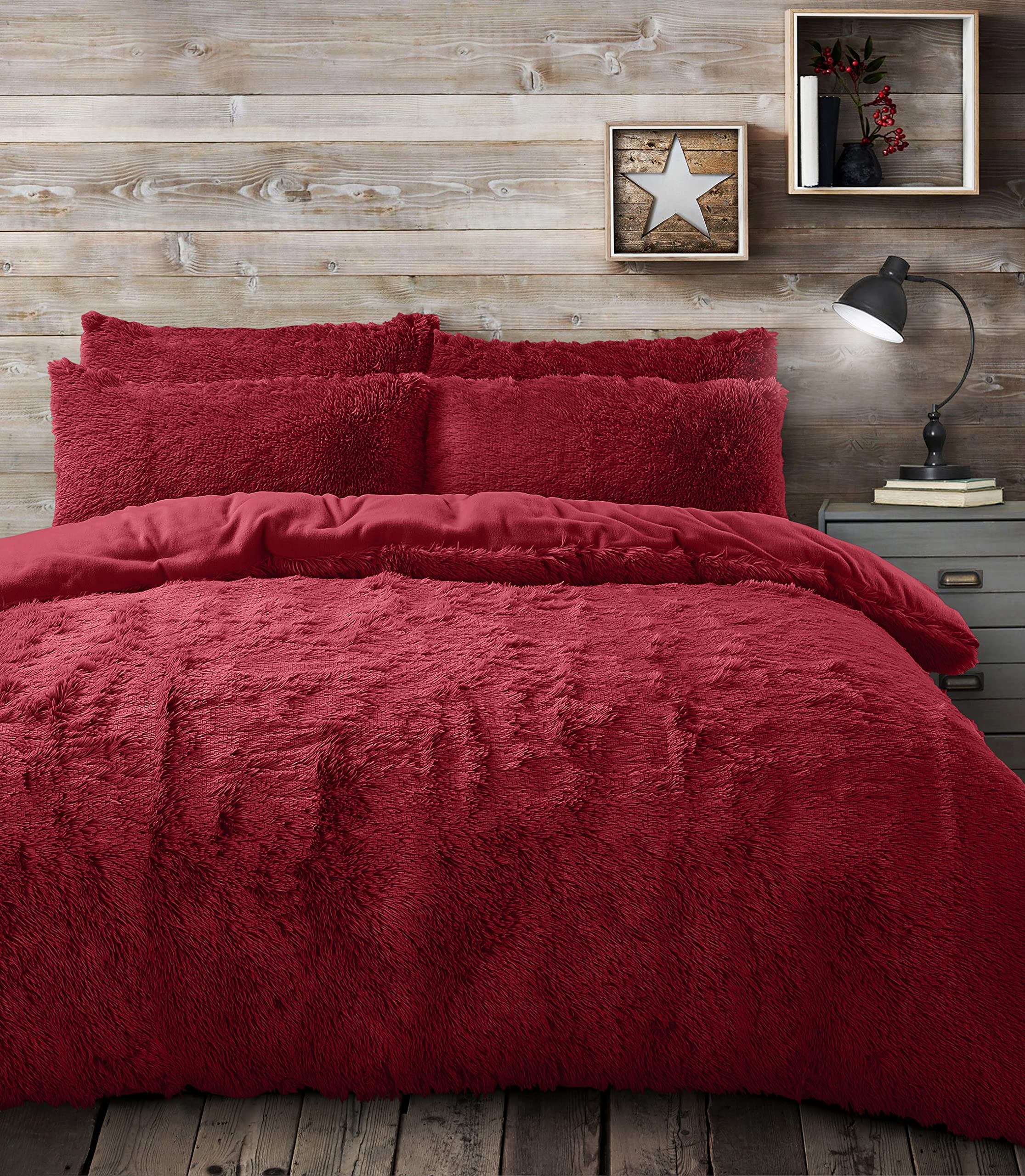 Velosso Long Pile Faux Fur Shaggy Red Super Soft Easy Care Duvet Cover Quilt Bedding Set with Pillowcases (Red Shaggy Long Pile, Double) โ image 1