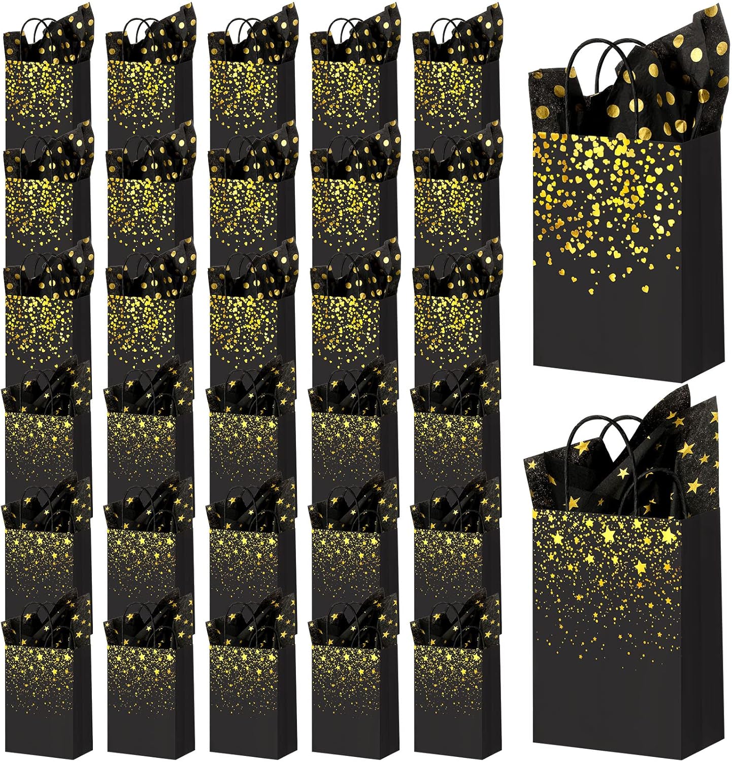 Spakon 32 Pcs Black and Gold Gift Bags with 32 Tissue Paper Stars Heart Dots Styles Wedding Gift Bags with Handles for Black and Gold Party Favors Wedding Birthday Bridal Baby Shower Graduation