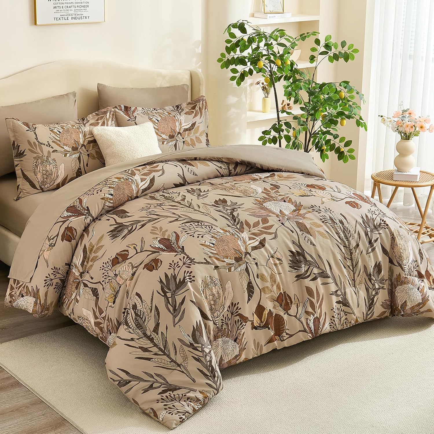 Luxudecor Queen Comforter Set 7 Pieces Bedding Sets, Khaki Floral Comforter and Sheet Set, Soft Microfiber Bed in a Bag for All Seasons (Khaki,90"x90")