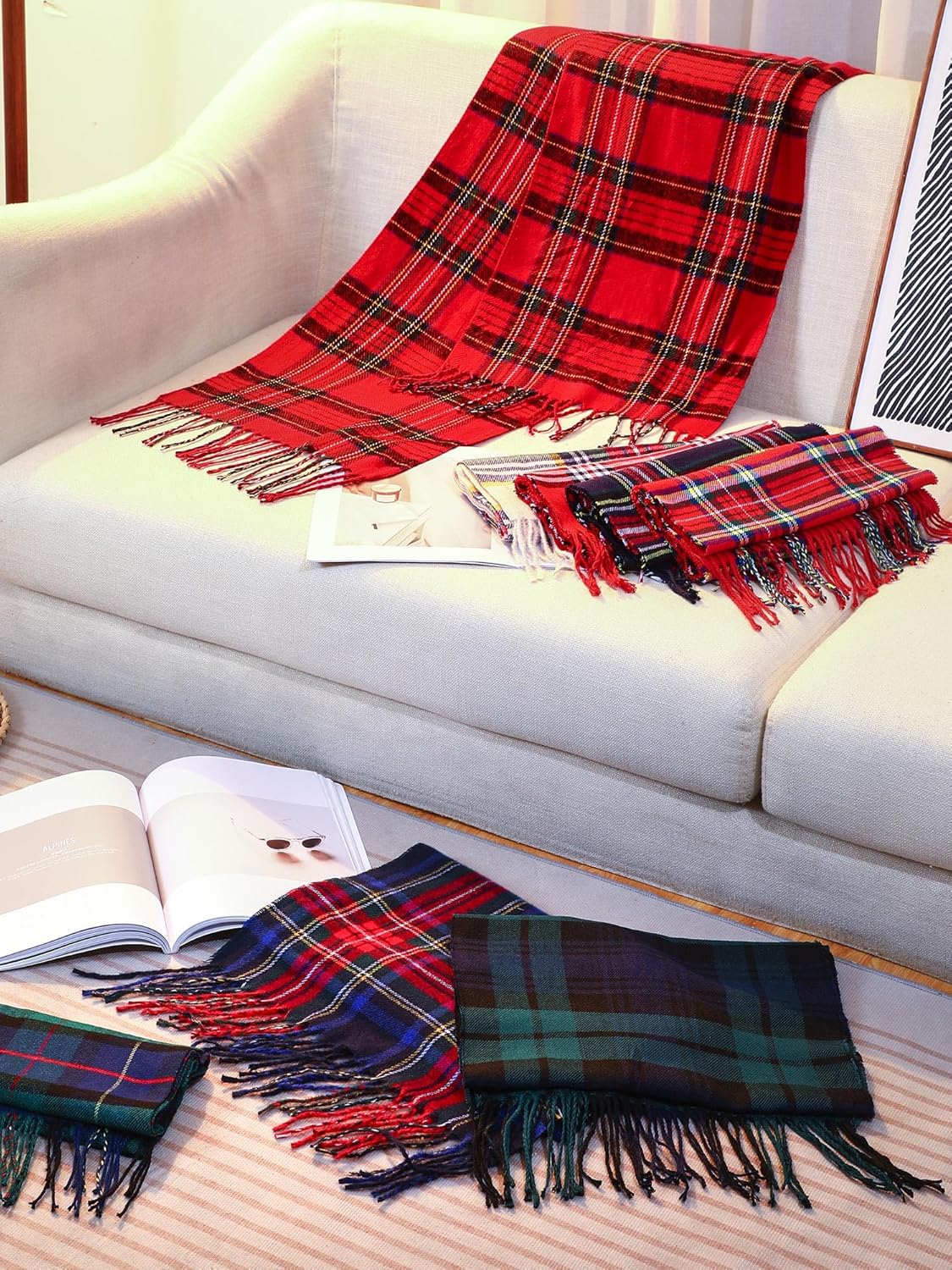 8 Pcs Christmas Checked Scarf Long Winter Soft Scarf Warm Scottish Tartan Plaid Bulk Classic Buffalo Plaid Shawls Wraps for Women Men Gift - Image 4