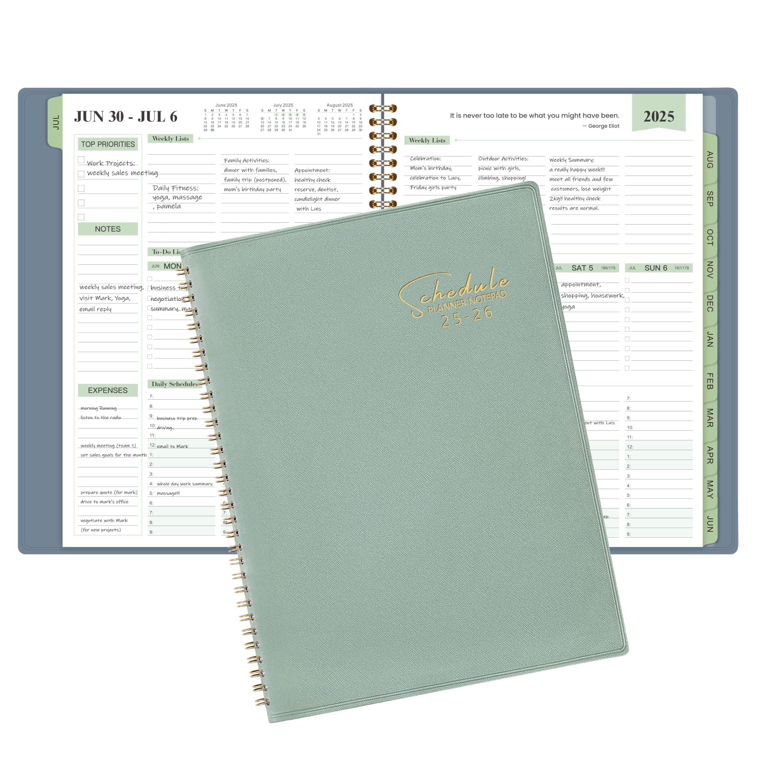 Planner 2025-2026 - JUL 2025 - JUN 2026, Business Planner, Appointment Book2025-2026, 3-Tier Schedule Planner Notepad, 8.74" x 11.38", 60 Minutes Intervals + Monthly Tabs + Leather Cover + Pocket - Pea Green