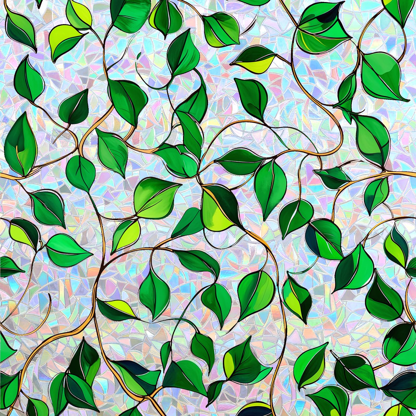 Conkov Rainbow Window Film, Opaque stained Glass Film for Privacy Anti Glare, Non-Adhesive Static Cling, Decorative for Home and Office, 3D Tansparent with Green Leaves, 90 x 400 cm