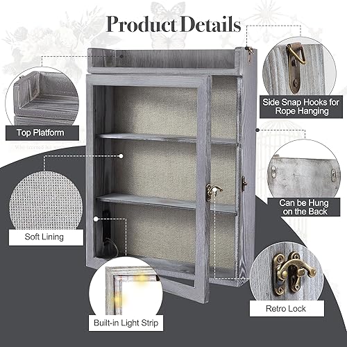 Vista 56 de Marco de caja de sombra de 11 x 16 pulgadas con luz, vitrina conmemorativa con estantes, cajón y ranura para recuerdos, caja grande de sombra Negro