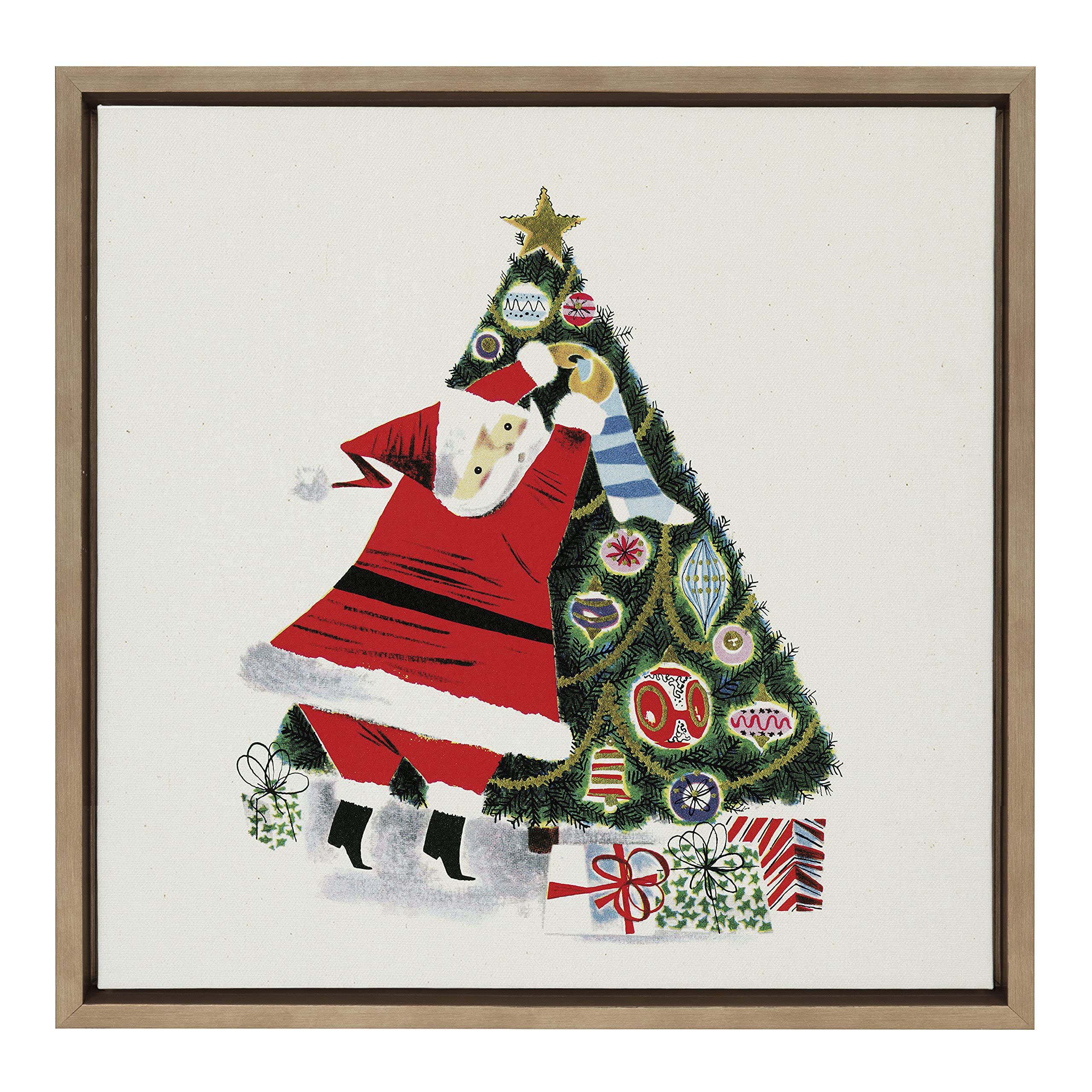 Kate and Laurel x Piddix Collaboration Santa Claus Decorating Tree Framed Canvas Wall Art, 22x22 Gold, Decorative Holiday Art for Wall