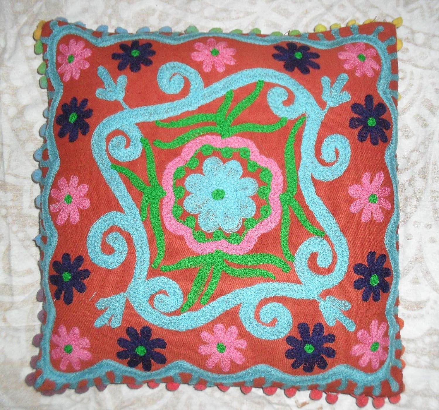 Traditional Jaipur Boho Throw Suzani Pillows, Embroidered Pillow Covers 16 "x 16", Decorative Throw Pillow Covers, Indian (2)
