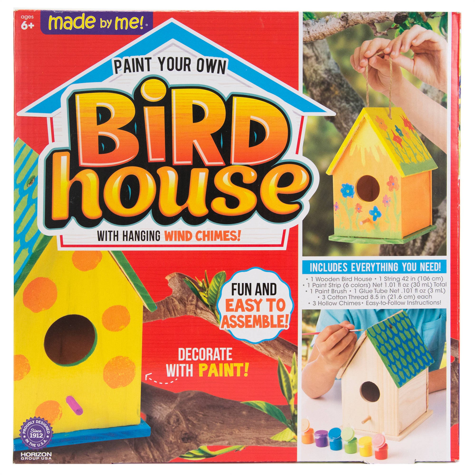 Build & Paint Your Own Wooden Bird House Horizon Group USA, DIY Birdhouse Making Kit, Includes Paints, Brushes, Glue & Wind Chimes, Multicolor (46090F)