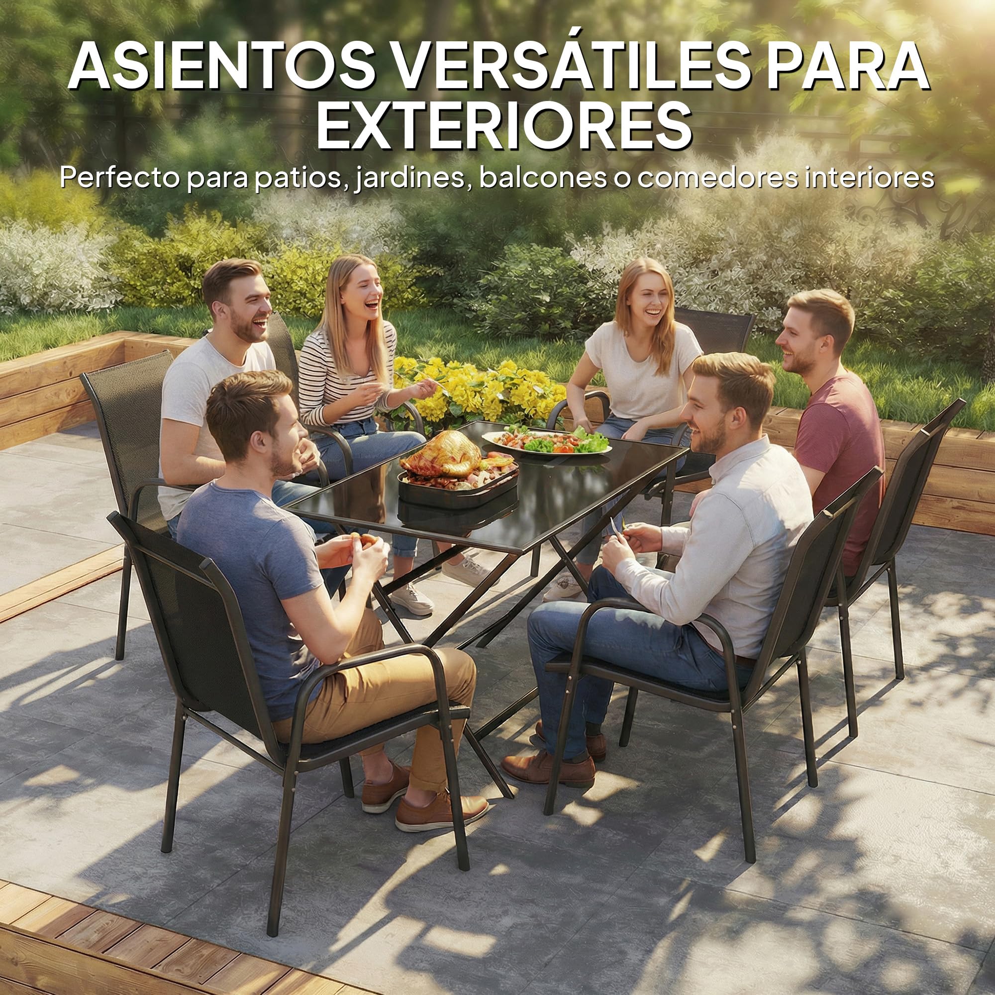 Outsunny Juego de 6 Sillas de Jardín Exterior Apilables, Sillas Terraza Exterior con Reposabrazos, Asiento y Respaldo de Malla Transpirable, Estructura Metálica Resistente, 51x69x87 cm, Negro — view 4