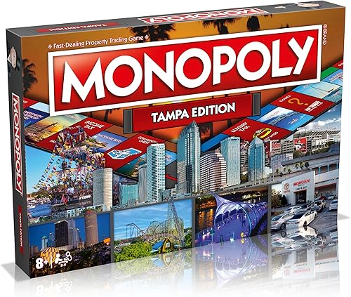 Juego de mesa familiar Tampa Monopoly para 2 a 6 jugadores, adultos y niños a partir de 8 años, compra, vende e intercambia tu camino hacia el éxito