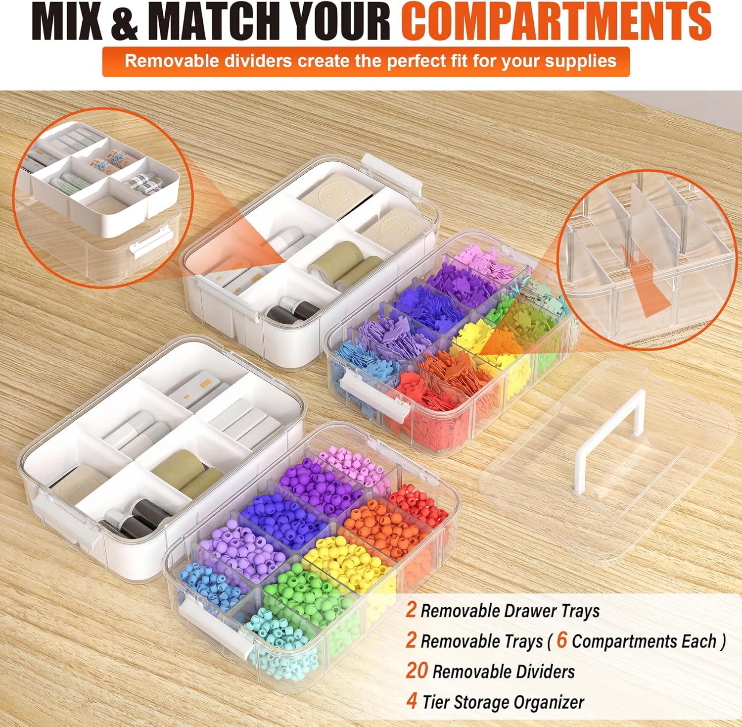 CraftGenes Craft Organizers and Storage, 4-Layer Durable Sewing Organizer for Sewing Supplies with 2 Removable Trays and 10 Dividers, DIY Kit Container for Decor, Tools, Scrapbook, and Art Supplies