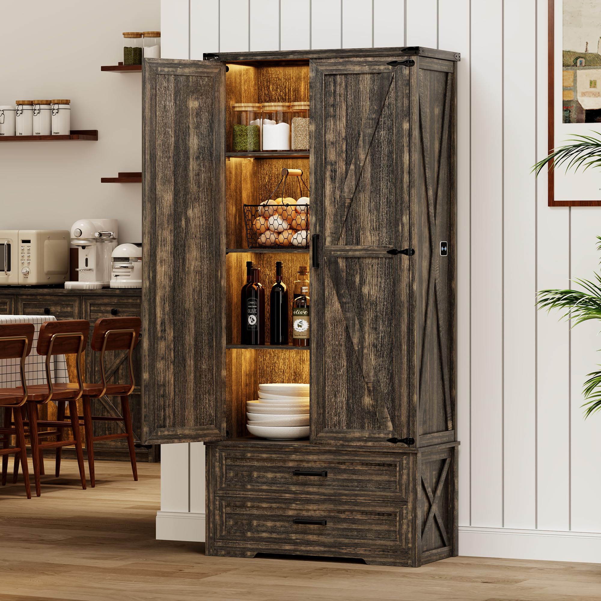 GlasFlength Pantry Storage Cabinet with Adjustable Shelves - Tall Farmhouse Storage Cabinet with 2 Drawers&Doors, 69" Rustic Wood Cupboard with LED Light for Dining Room, Living Room,Brown