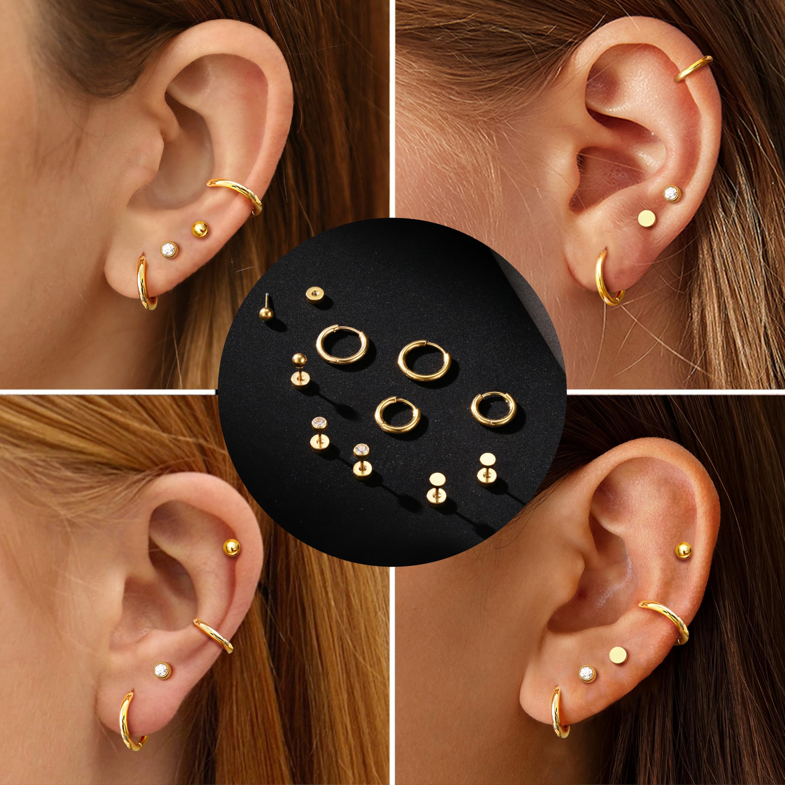 DZBERHX 5 par hipoalergiczne kolczyki tytanowe G23 płaskie plecy Stud Hoop zestaw kolczyków tytanowe Tragus Helix kolczyki na chrząstkę przekłuwanie uszu szpilki Sleeper Huggie Hoop kolczyk dla kobiet