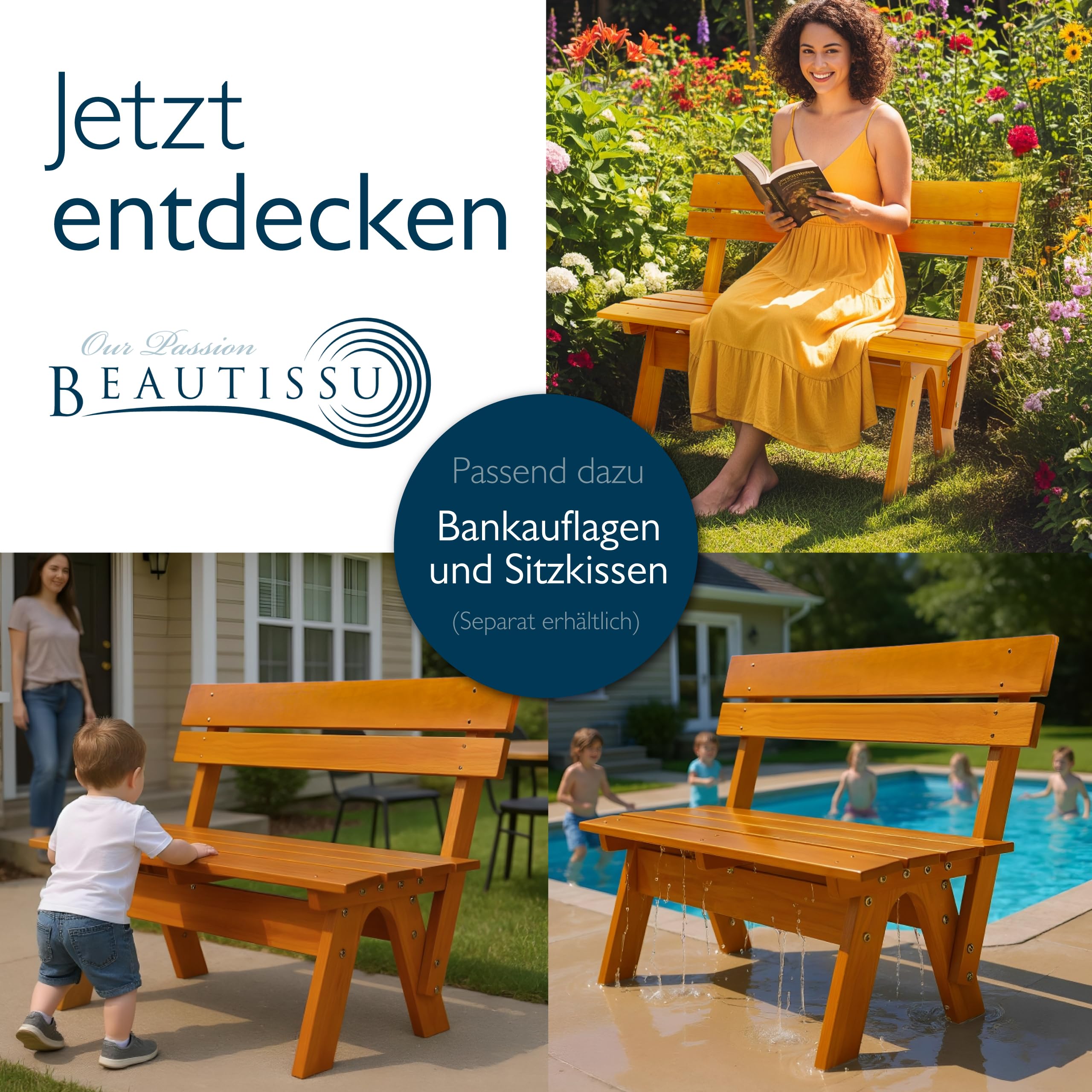 Beautissu Gartenbank wetterfest Holz 2 Sitzer aus lackiertem Massivholz | 120cm breit robuste strapazierfähige Holzbank Outdoor Bank für Balkon Terrasse Wintergarten Innenhof Parkbank Garten GR