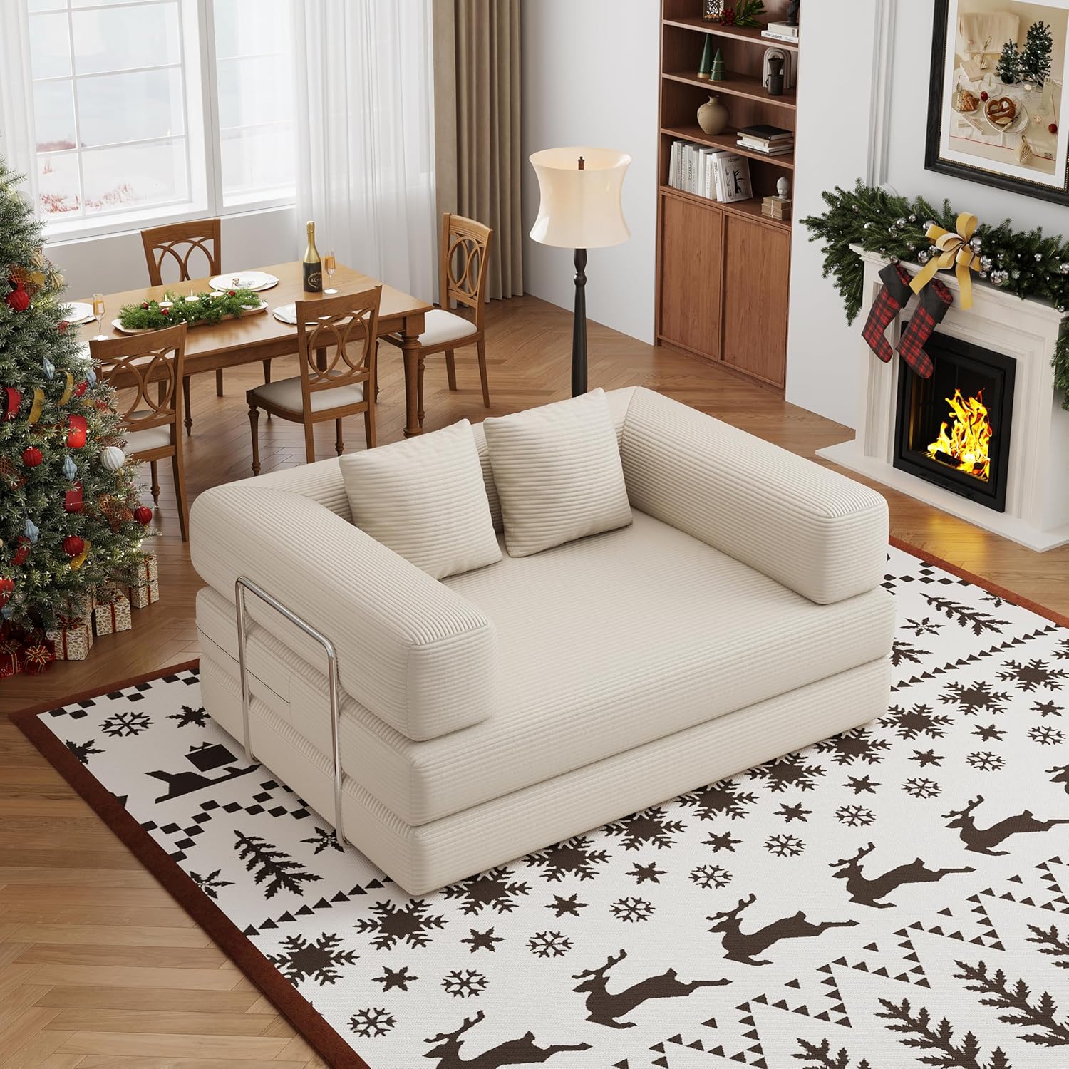 BSHOMGI 4 in 1 Futon Sofa Bed Queen Size - Foldable Convertible Sleeper Sofa Couch, Removable Washable Corduroy Cover, Space Saving Floor for Living Room (Beige, 53.15" Double Sofa)