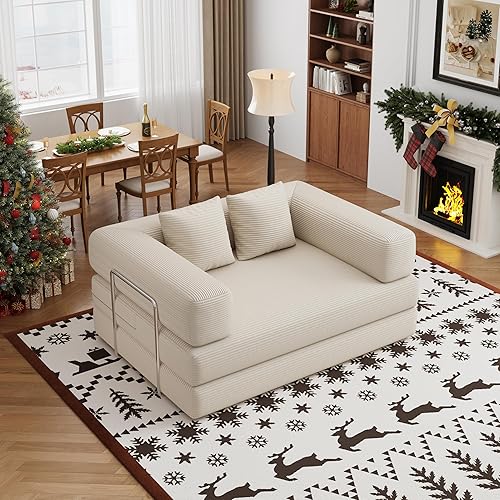 BSHOMGI 4 in 1 Futon Sofa Bed Queen Size - Foldable Convertible Sleeper Sofa Couch, Removable Washable Corduroy Cover, Space Saving Floor for Living Room (Beige, 53.15" Double Sofa)
