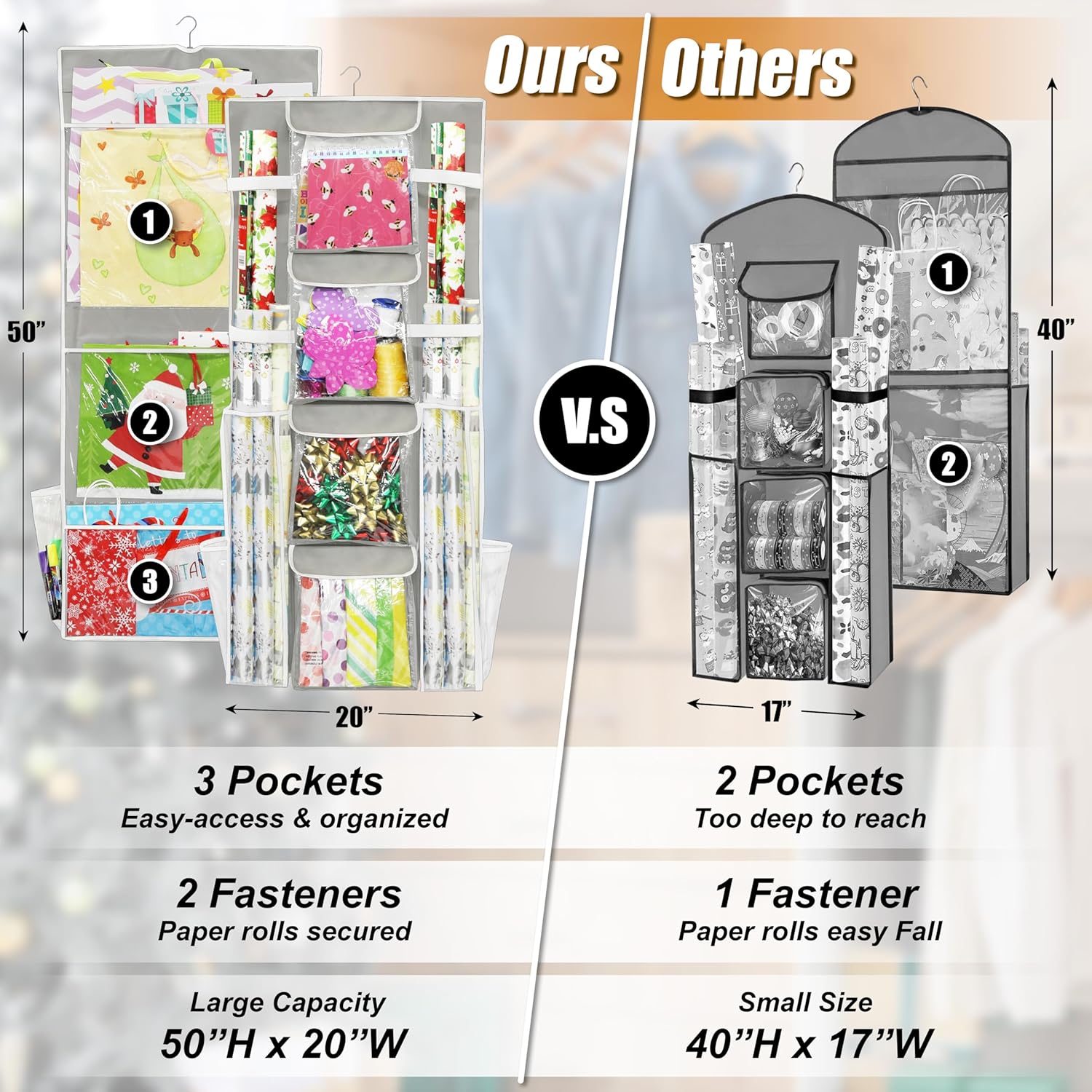 Simple Houseware Double-Sided Hanging Gift Wrap Organizer Storage Pockets, Gray (Set of 1)