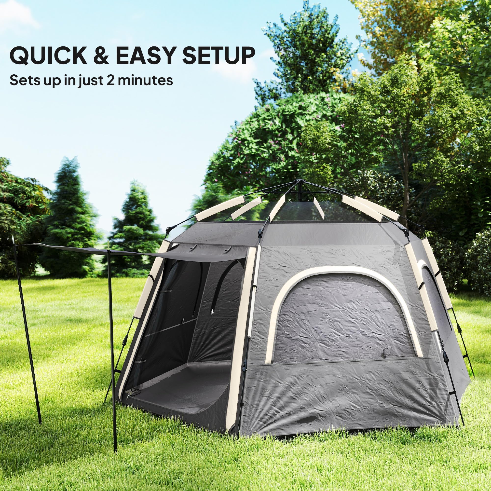 Outsunny Tienda de campaña instantánea para 2/3/4 personas, fácil instalación, tienda familiar con vestíbulo, lluvia, 4 ventanas de malla y 2 puertas, diseño hexagonal, tienda de campaña impermeable