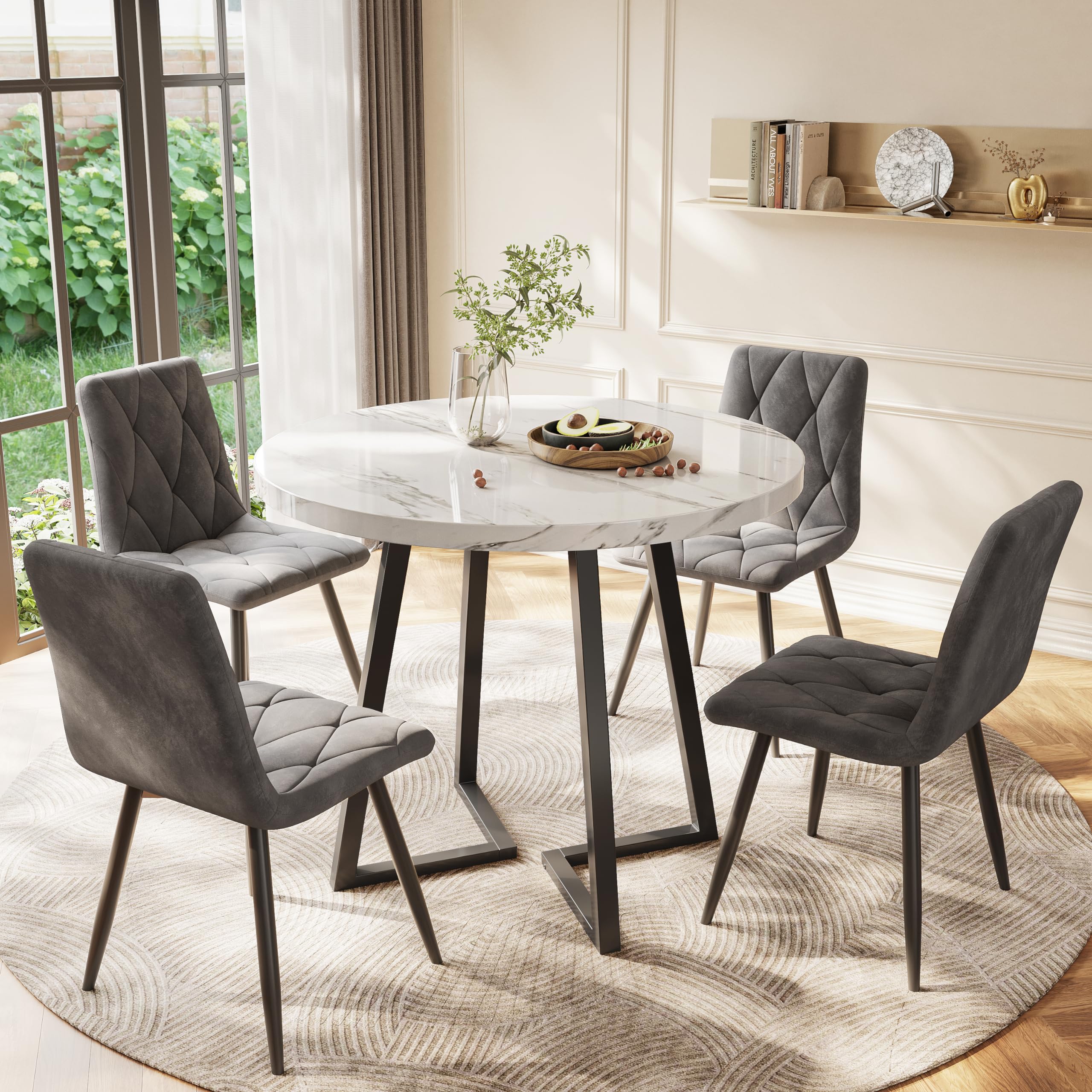 Tavolo Rotondo da Cucina in MDF con Gambe in Metallo, Tavolo da Pranzo Moderno con Motivo Marmo, per Esszimmer e Soggiorno, Bianco e Nero, Diametro 80 cm, Altezza 75 cm