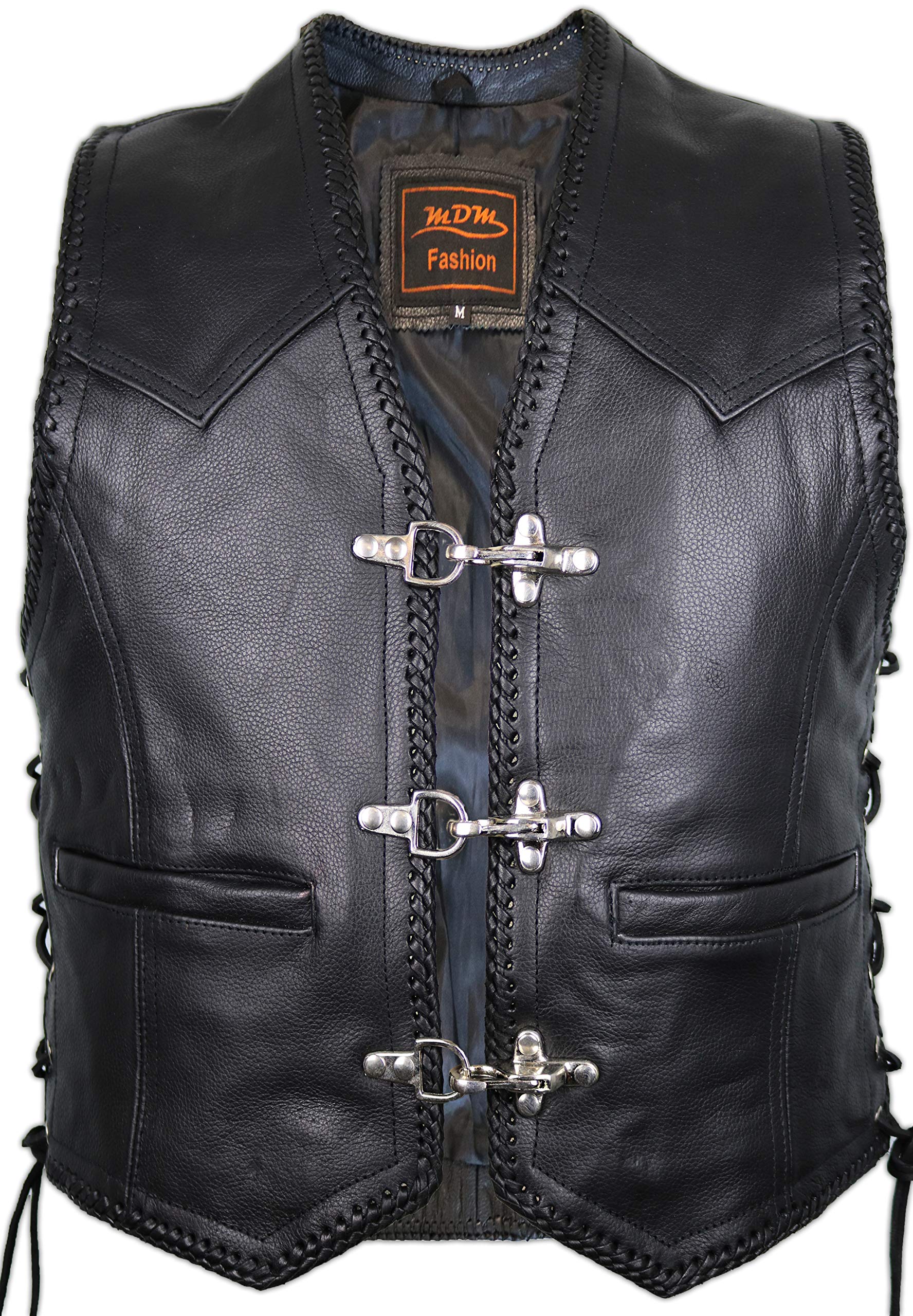 MDM Gilet pelle uomo moto – in vera pelle nera, stile biker con ganci cromati, lacci laterali regolabili e rifinitura intrecciata, ideale per patch club motociclistici
