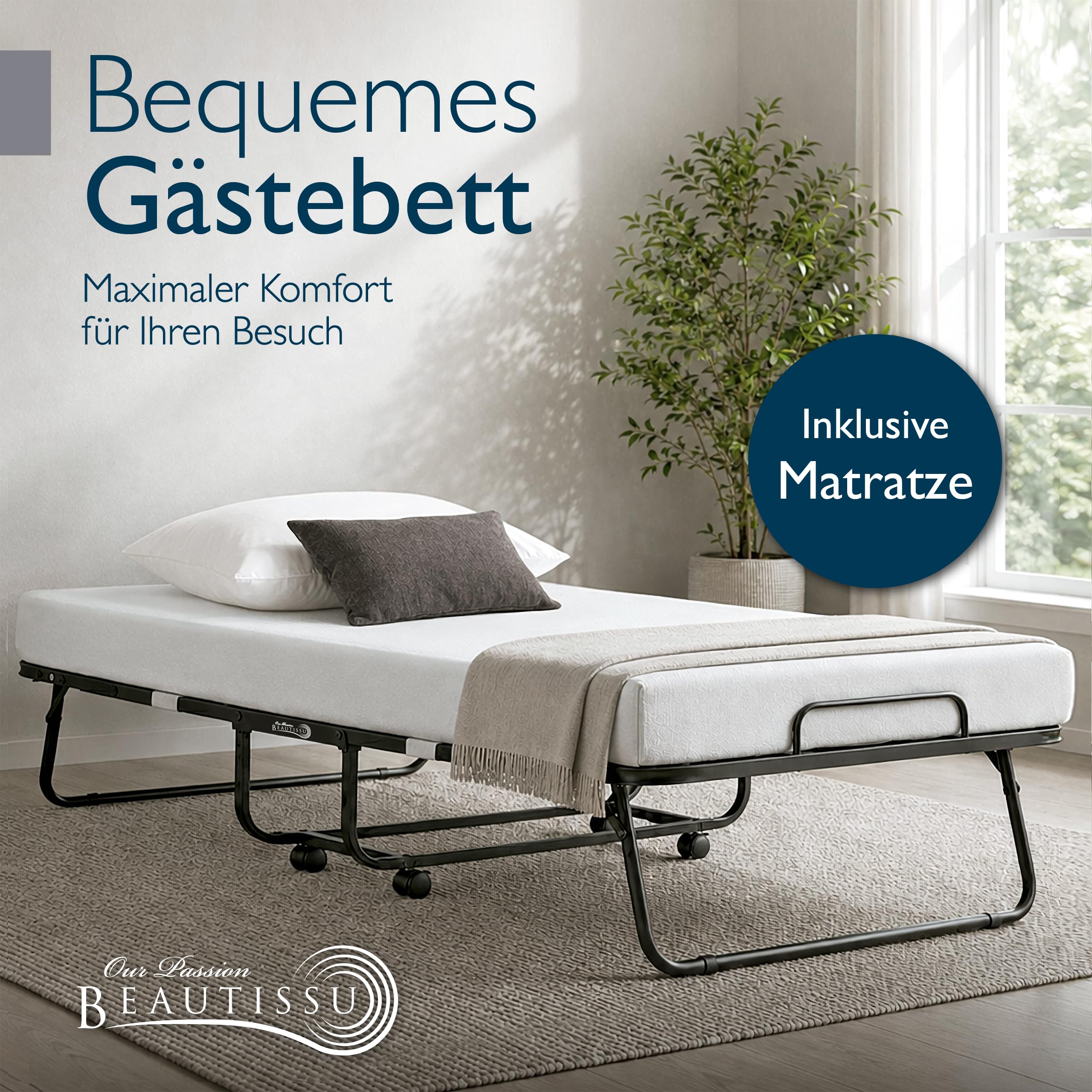 Beautissu Klappbett Gästebett Klappbar für Erwachsene bis 200 kg Rollbett | 90x200cm 13cm Dicke Matratze Memory Schaum Faltbett 4 feststellbaren Rollen Platzsparend mit Schutzhülle Notbett Traumkraft D