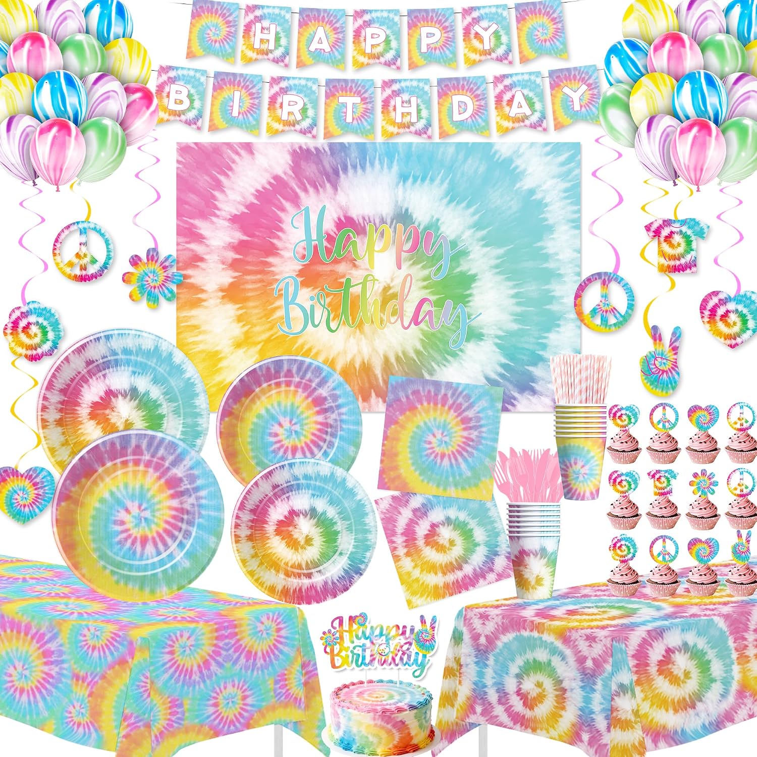 Hippie Rainbow Pastel Tie Dye Party Decorations for Girls, Serves 24