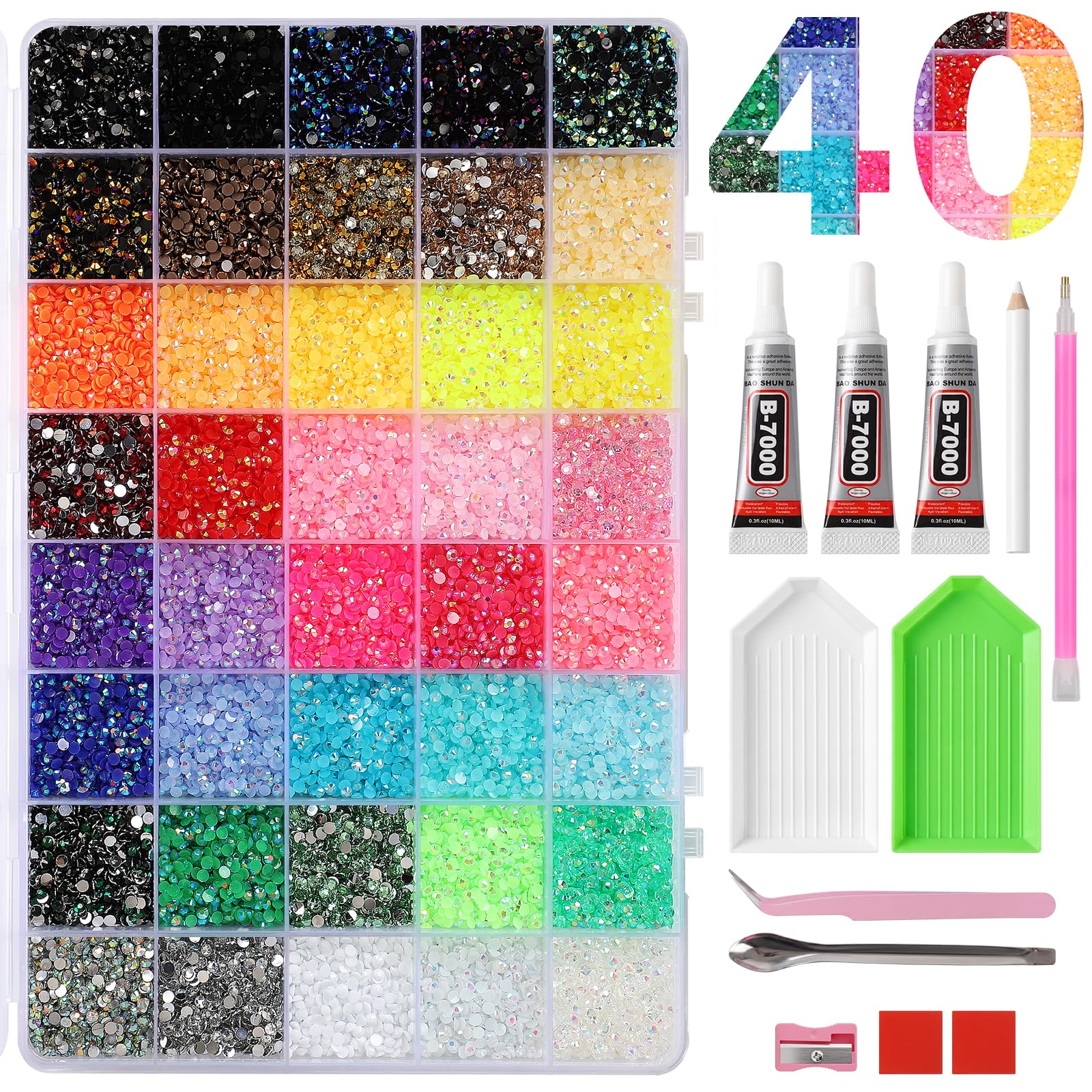 Zorela 40 Colours 40000PCS Bedazzling Kit with Glue & Tools, 3mm AB Flatback Resin Rhinestones for Bedazzling, Bedazzle Kit for Clothes, Shoes, Nail Art & Diamond Art Crafts