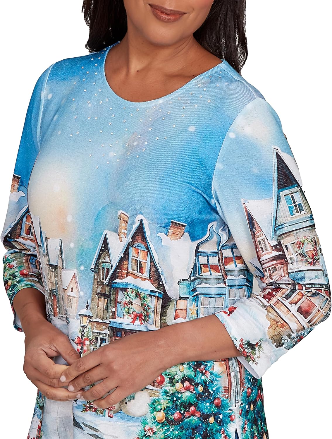 Alfred Dunner Women's Embellished Snow Cabin Village Scene Top