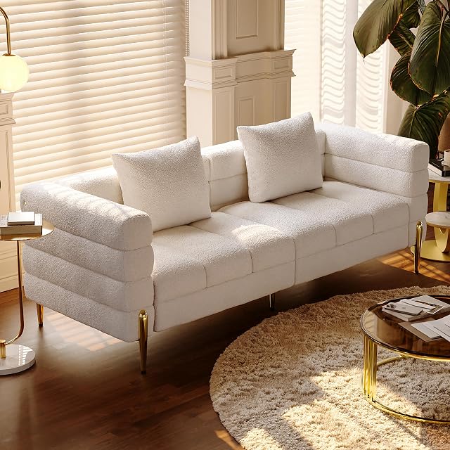 homary Sofa 79 Boucle Upholstered Sofa Modern White Couches for Living Room 3 Seater Sofa Couch with Pillows